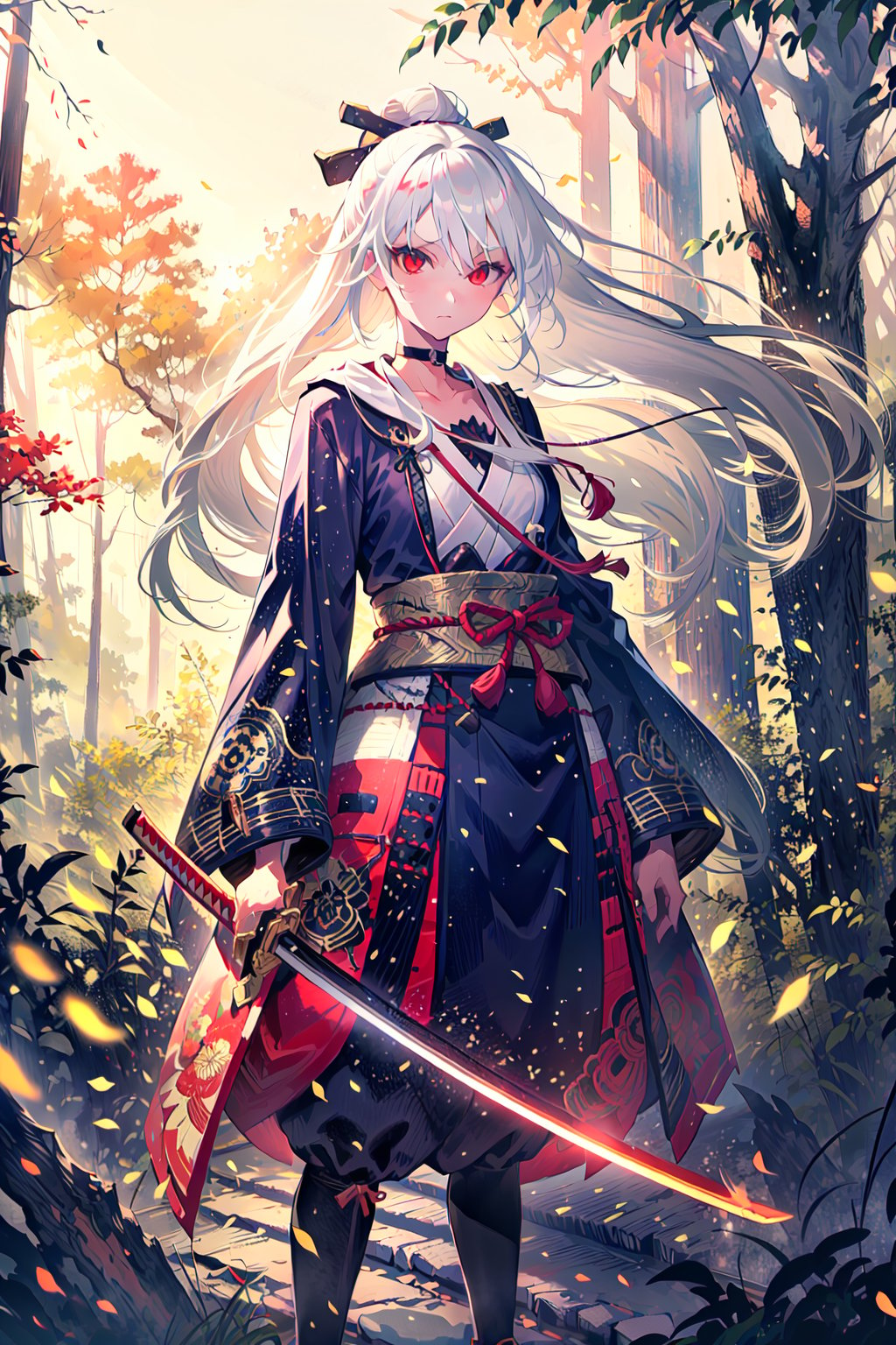 1girl, solo, (white hair:1.2), long hair, red eyes, jitome, choker, small breast, small girl, samurai clothes, japan forest background, holding katana