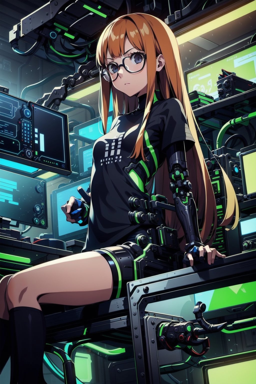 1girl, long hair, glasses, small breast, glasses, skinny, orange hair, long bots, black shorts, armless black shirt, sitting, hacker room,edrinktech