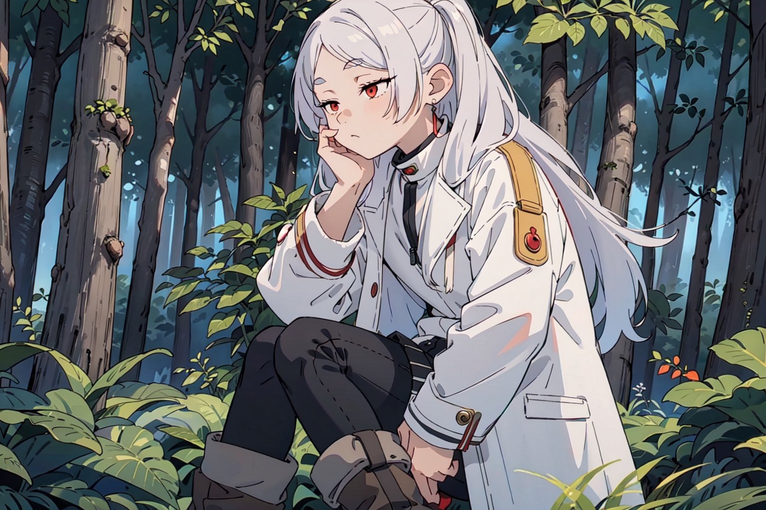 1girl, solo, long hair, white hair, red eyes, Frieren clothes, white coat, black legwears, boots, forest background, sending kiss