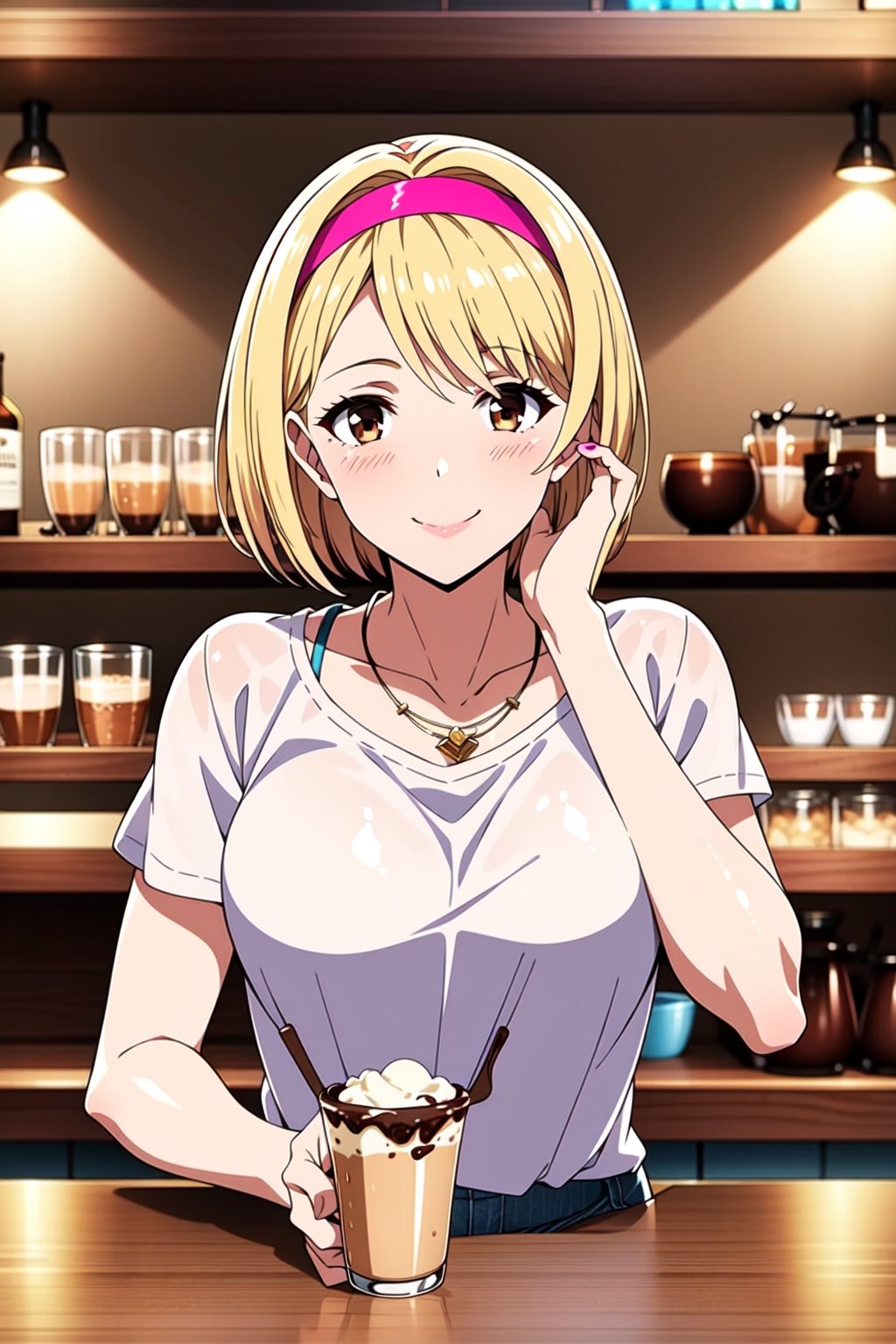 1girl, solo, (blonde:1.2), short hair, sidelocks, pink hairband, medium breasts, light smile, brown eyes, hands_on_cheeks, cafe, cofee bar, white shirt, jeans, necklace, brazalet