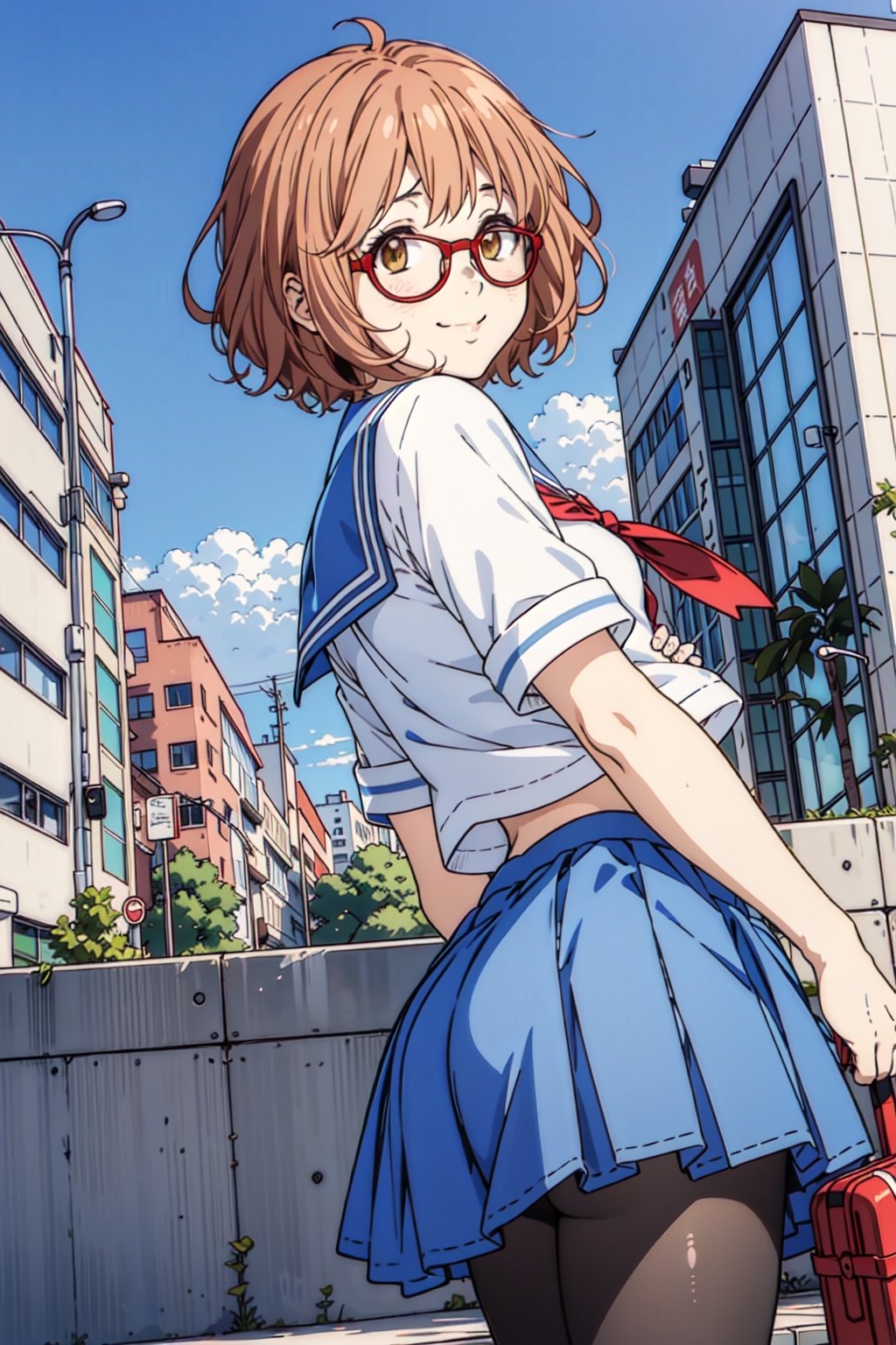1 girl, short hair, orange hair, red glasses, Kuriyama Mirai, pantyhose, ass, serafuku,  smile, city background
