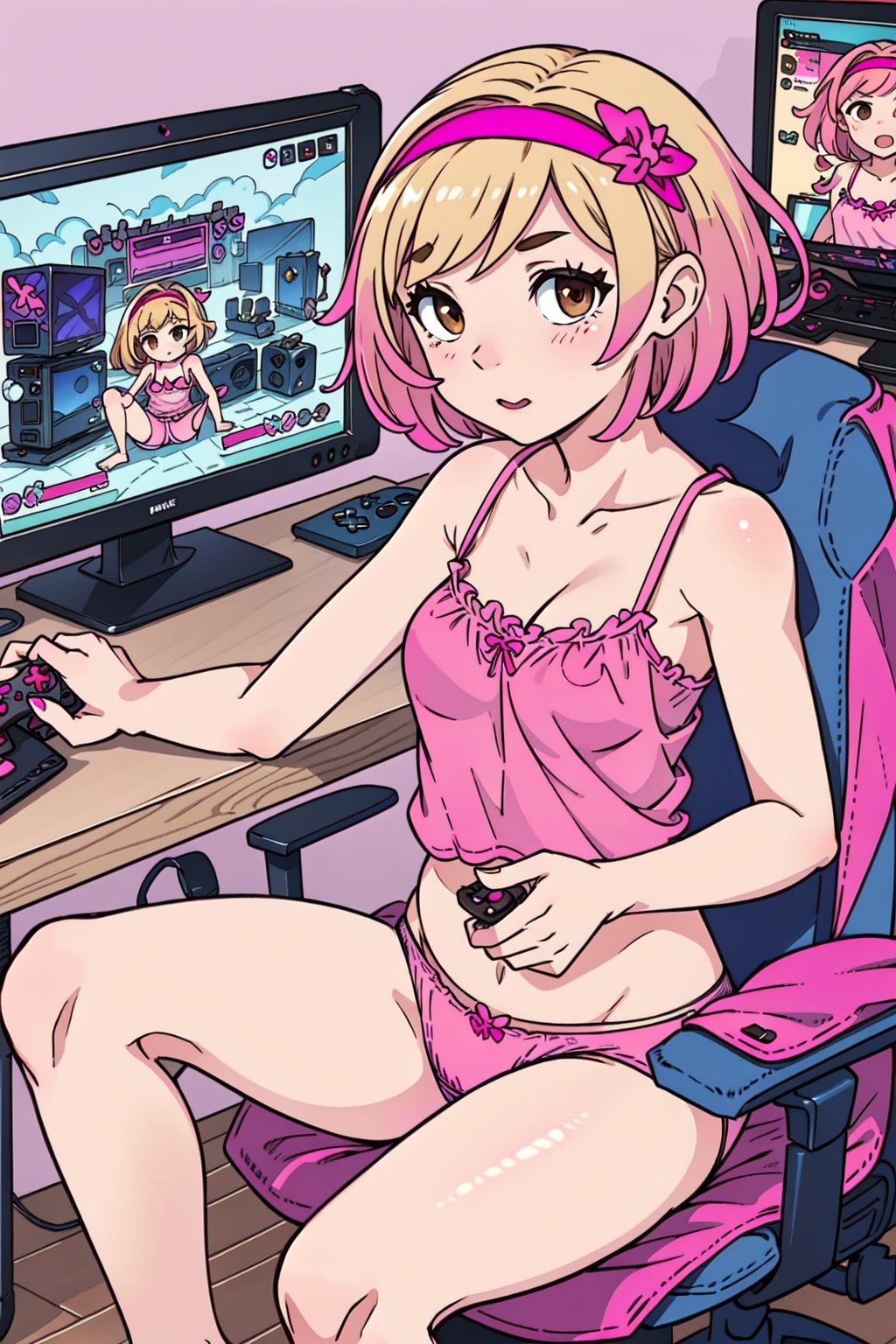 1girl, solo, blonde, short hair, pink hairband, small breasts, brown eyes, (withe camisole:1.2), gamer girl, (cotton pink panties:1.3), bare legs, console, controller, computer, adventure videogames on screens, dark room, bedroom, gamerseat, sitting, gameroomconcept, webcam
