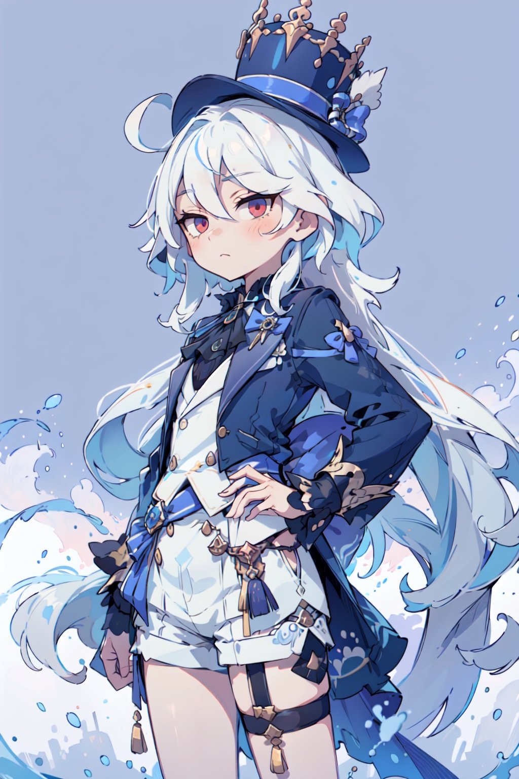 1girl, ( verylong hair:1.2), teenager, red eyes, white hair, jitome, loose hair, nahidadef, flat_chest , (luxury mannor hallbackground:1.3) furina clothes, shorts, blue vest, cape,  garter leg, blue hat, EpicArt