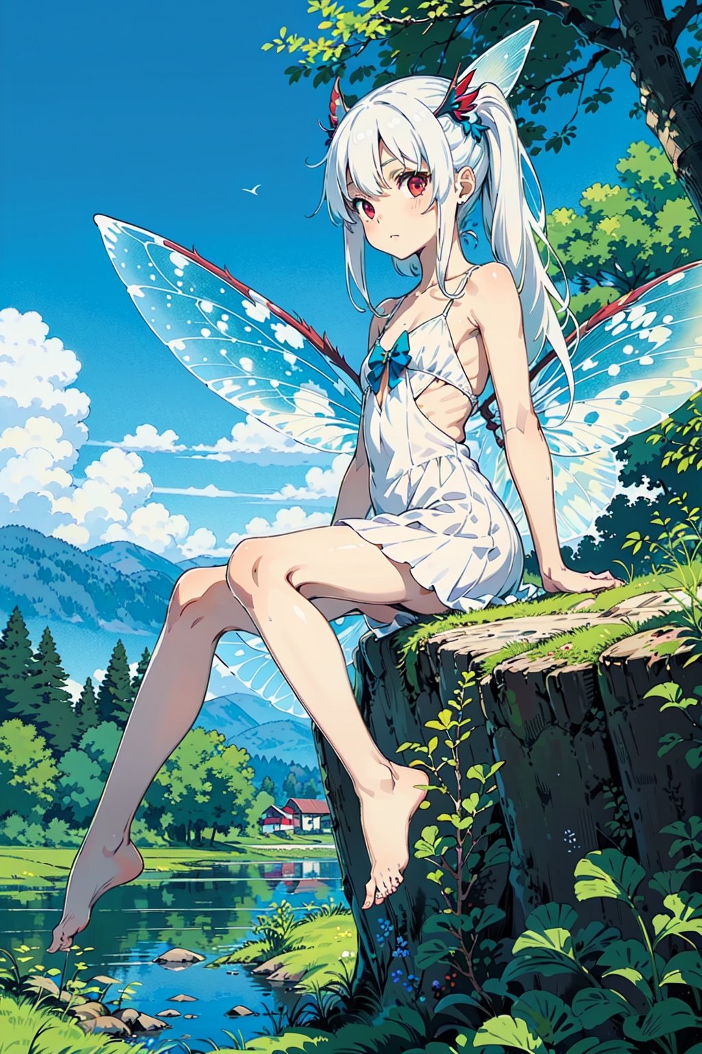 1girl, sole female, long hair, white hair, jitome, red eyes, flat chest, fairy clothes, fairy wings, white dress, forest baclground, lake, blue sky, bare foots