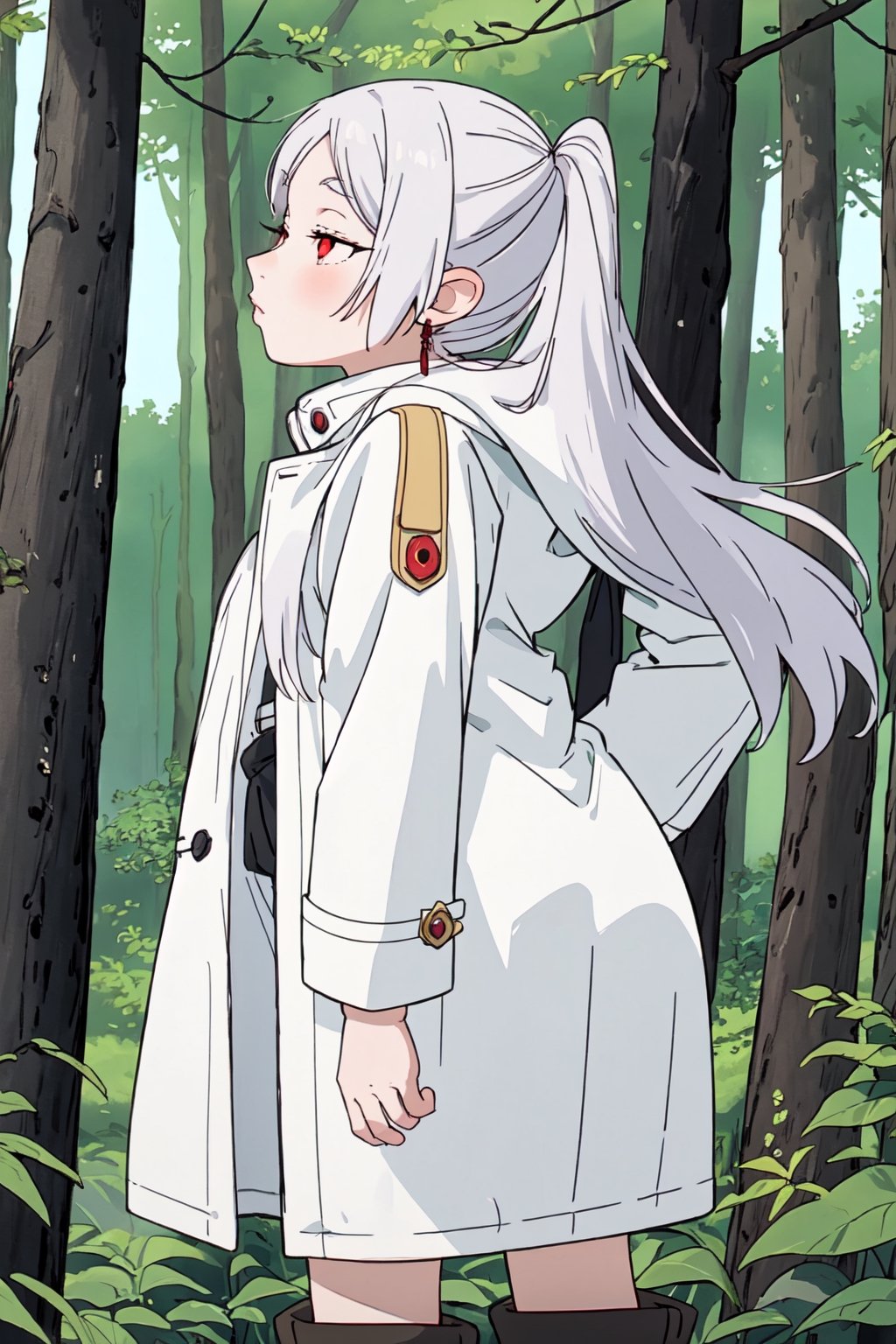 1girl, solo, long hair, white hair, red eyes, Frieren clothes, white coat, black legwears, boots, forest background, kiss throw, ass