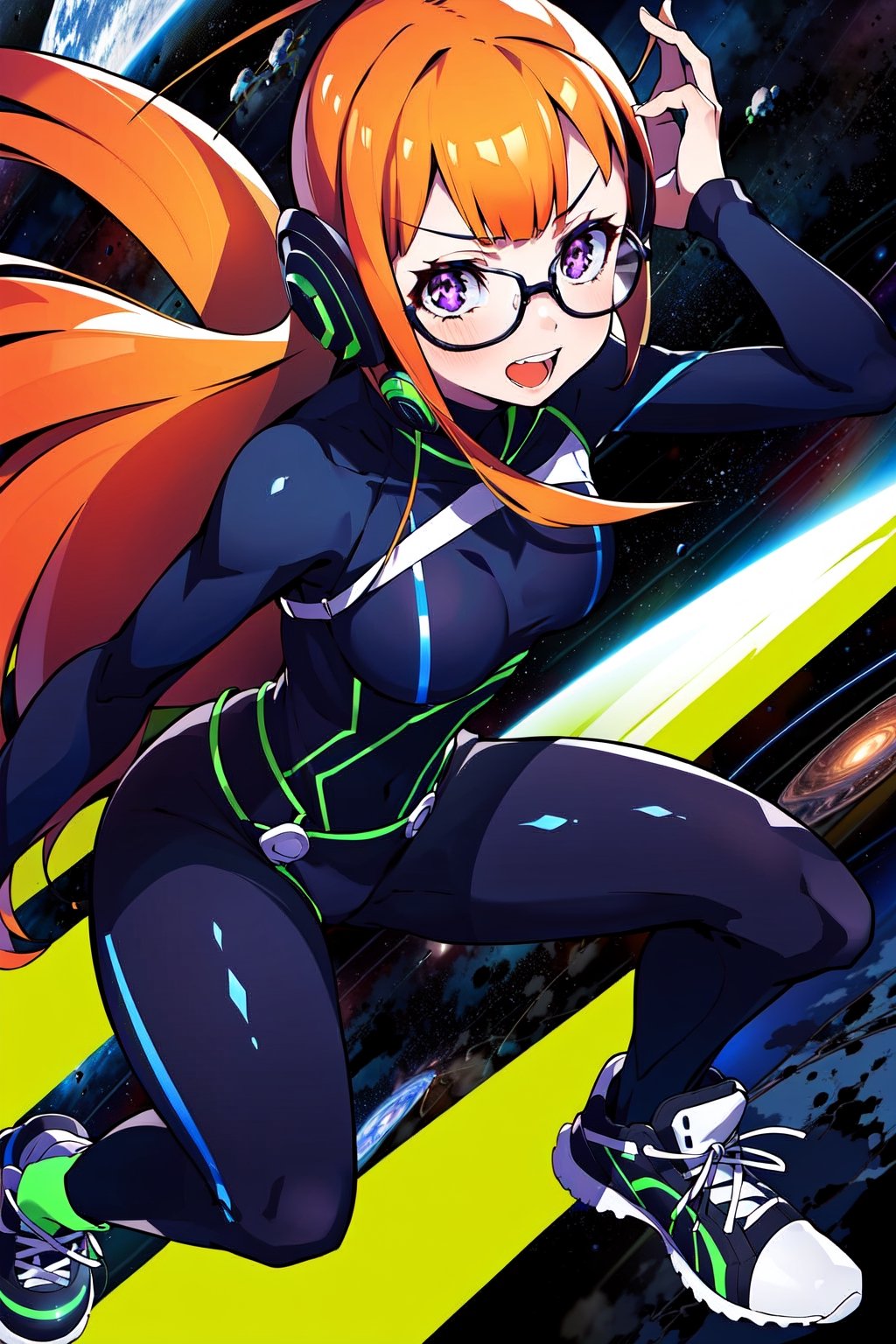 1girl, solo, orange hair, long hair, purple eyes, (nabi clothes:1.4), bodysuit green and black,  headphones, glasses, sneakers, cityscape, masterpiece, best quality, halftone, virtual reality space, virtual space background, Cyberspace,