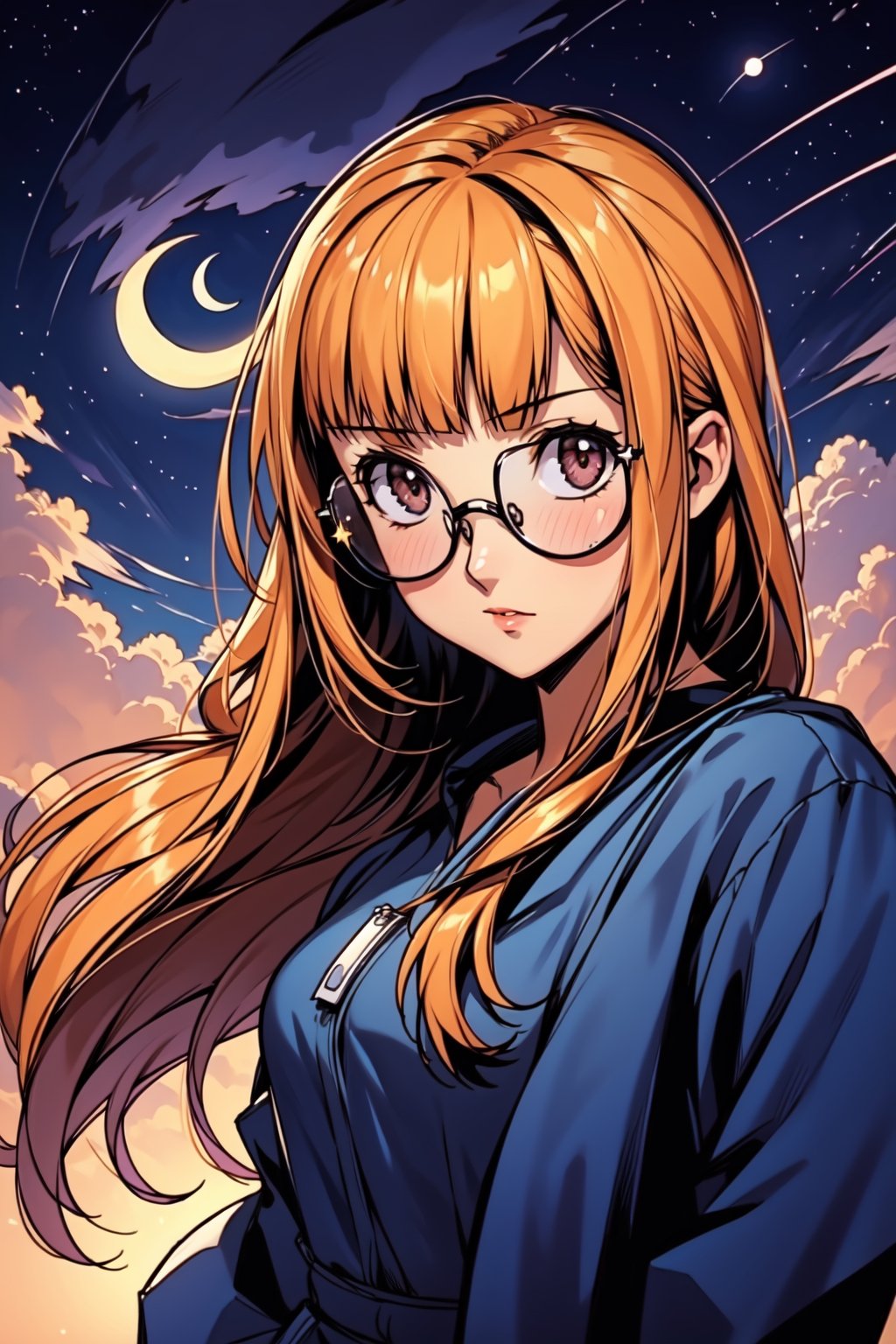 highres, (1girl:1.4), futaba, orange long hair, EpicArt, outdoors, sky, cloud, night, cloudy_sky, star_(sky), night_sky, scenery, starry_sky, crescent_moon, glasses, hands in pockets, close up