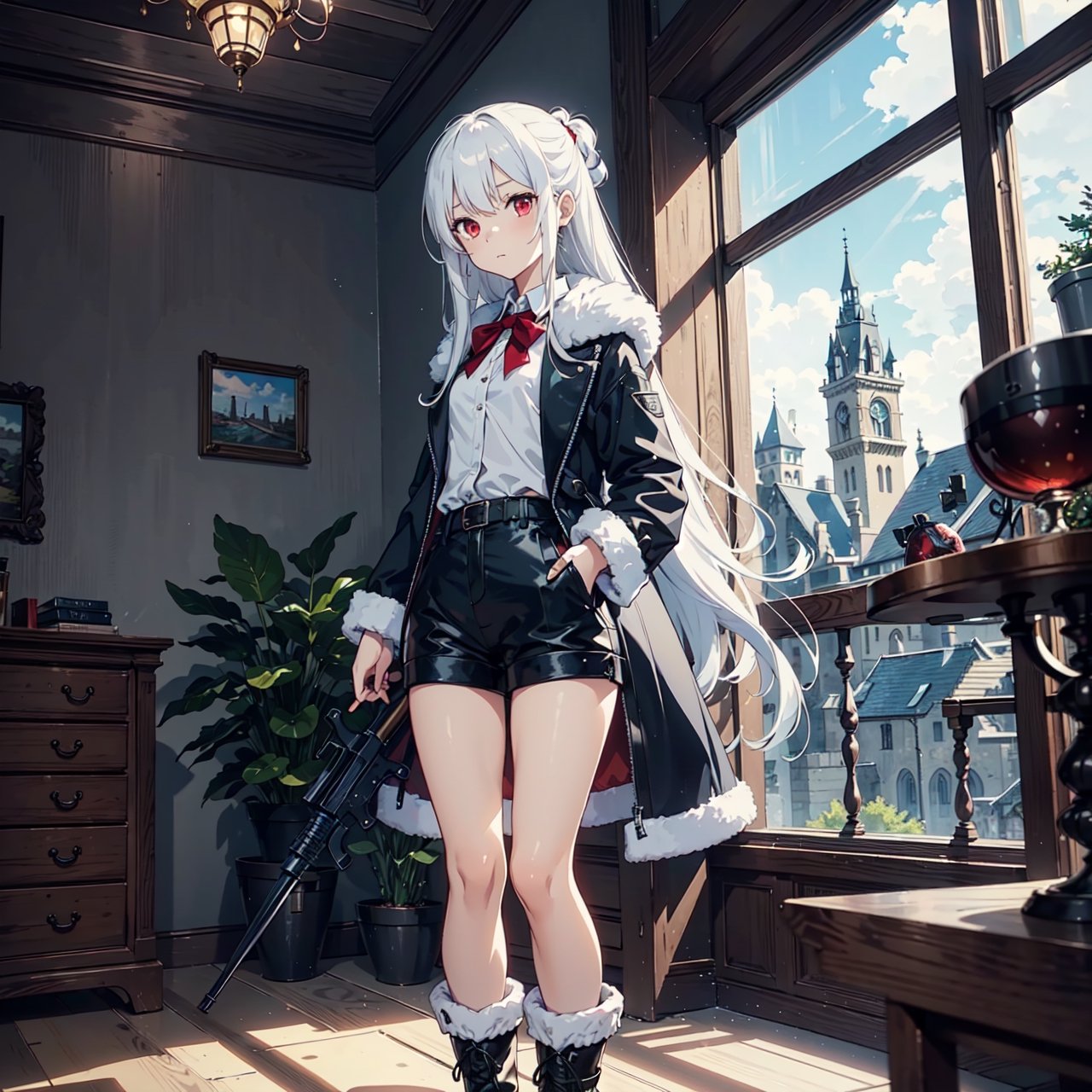 1girl, sole female, long hair, white hair, jitome, red eyes, flat chest, fur black coat, white shirt, boots, blue vest, black shorts, weapons, indoors, castle room