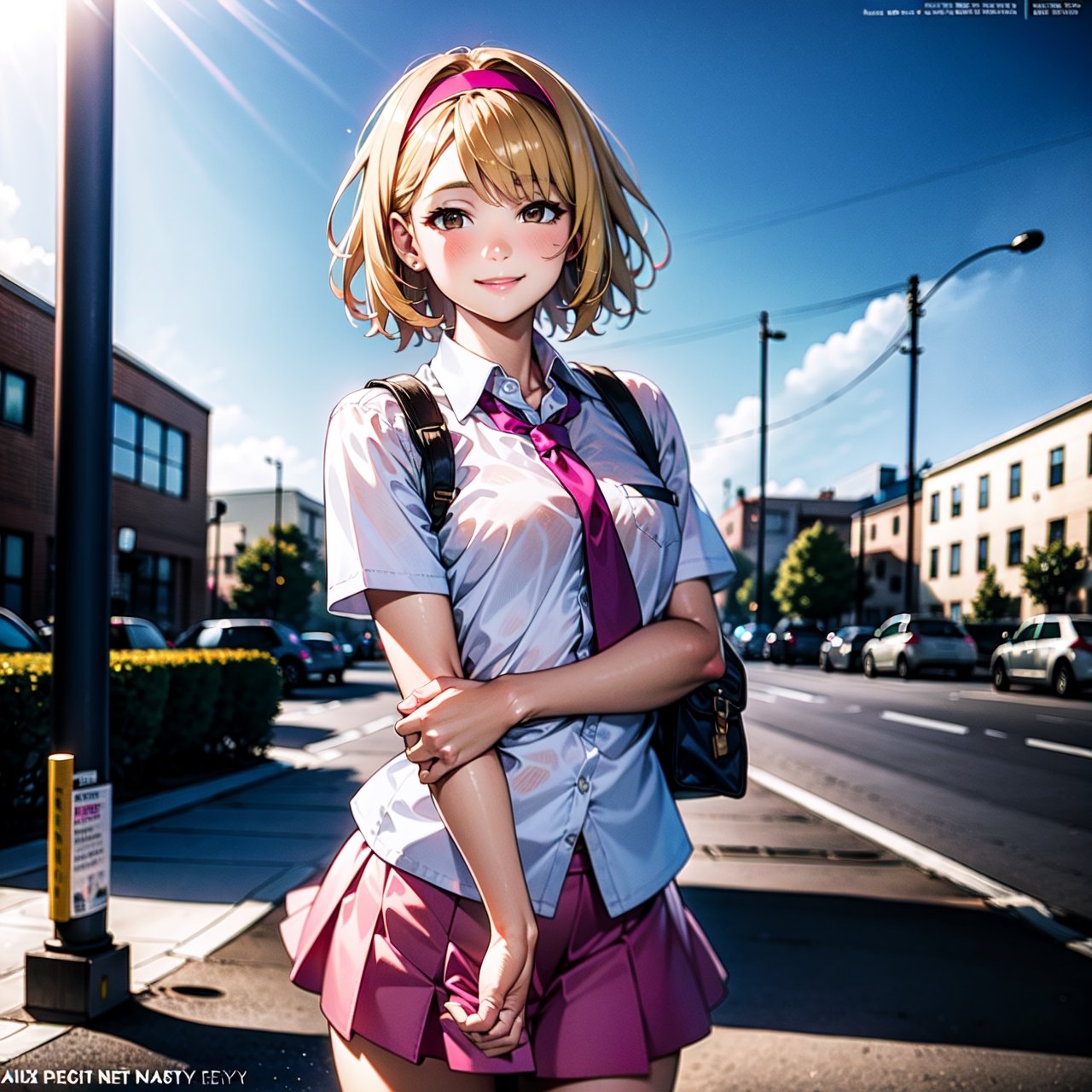 (magazine cover, english text:1.3), 1girl, Blonde, short hair, pink hairband, small breasts, brown eyes, standing, school uniform, white shit, pink skirt, necktie, hair accesories, schoolbag, smile, ((masterpiece, best quality)), raw photo, 4k hdr, (photorealistic:1.4),EnvyBeautyMix23,perfecteyes