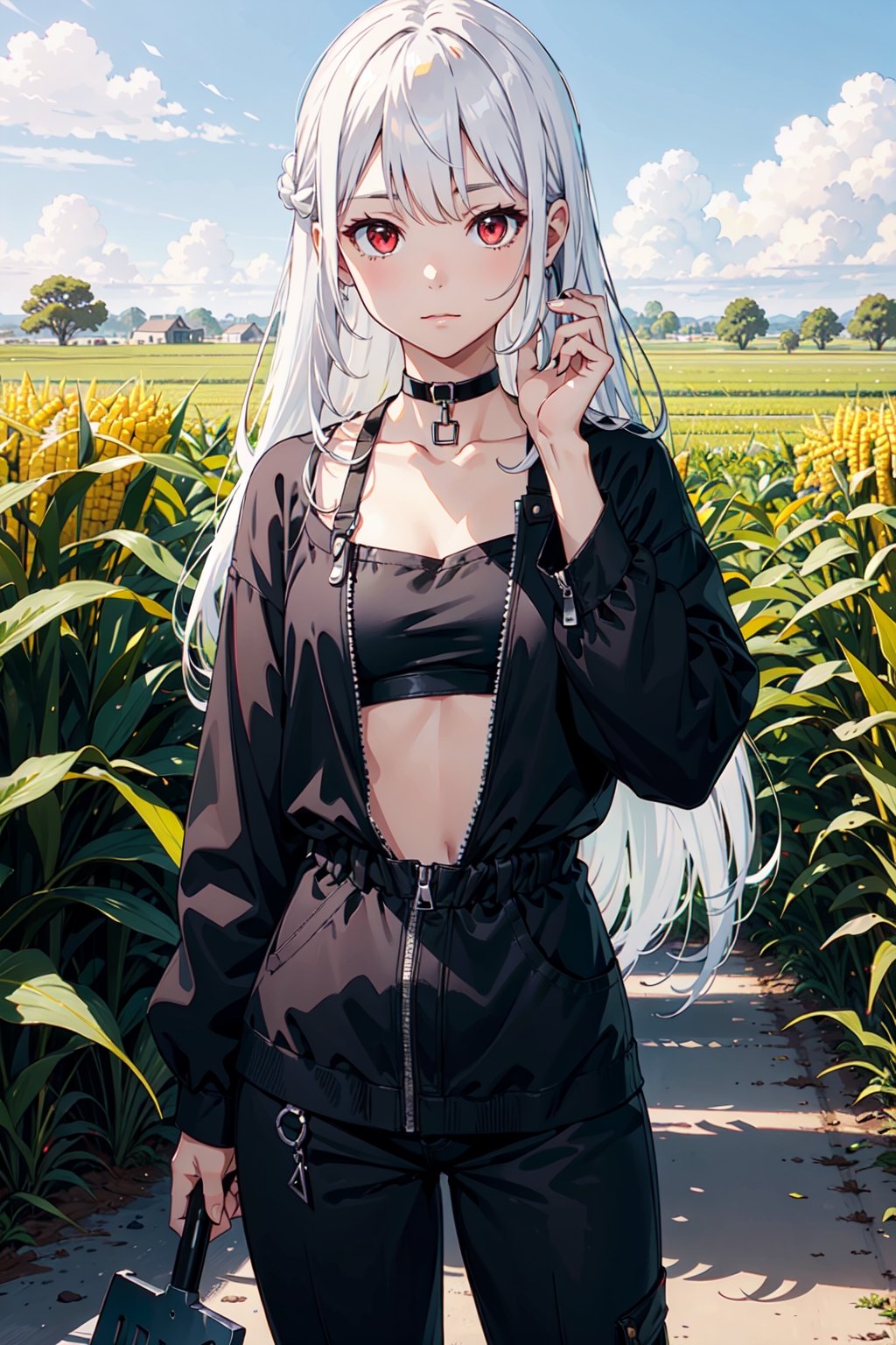 1girl, solo, White hair, long hair, red eyes, flat chest, 
black overall, choker, better hands, holding a shovel in front on a corn field