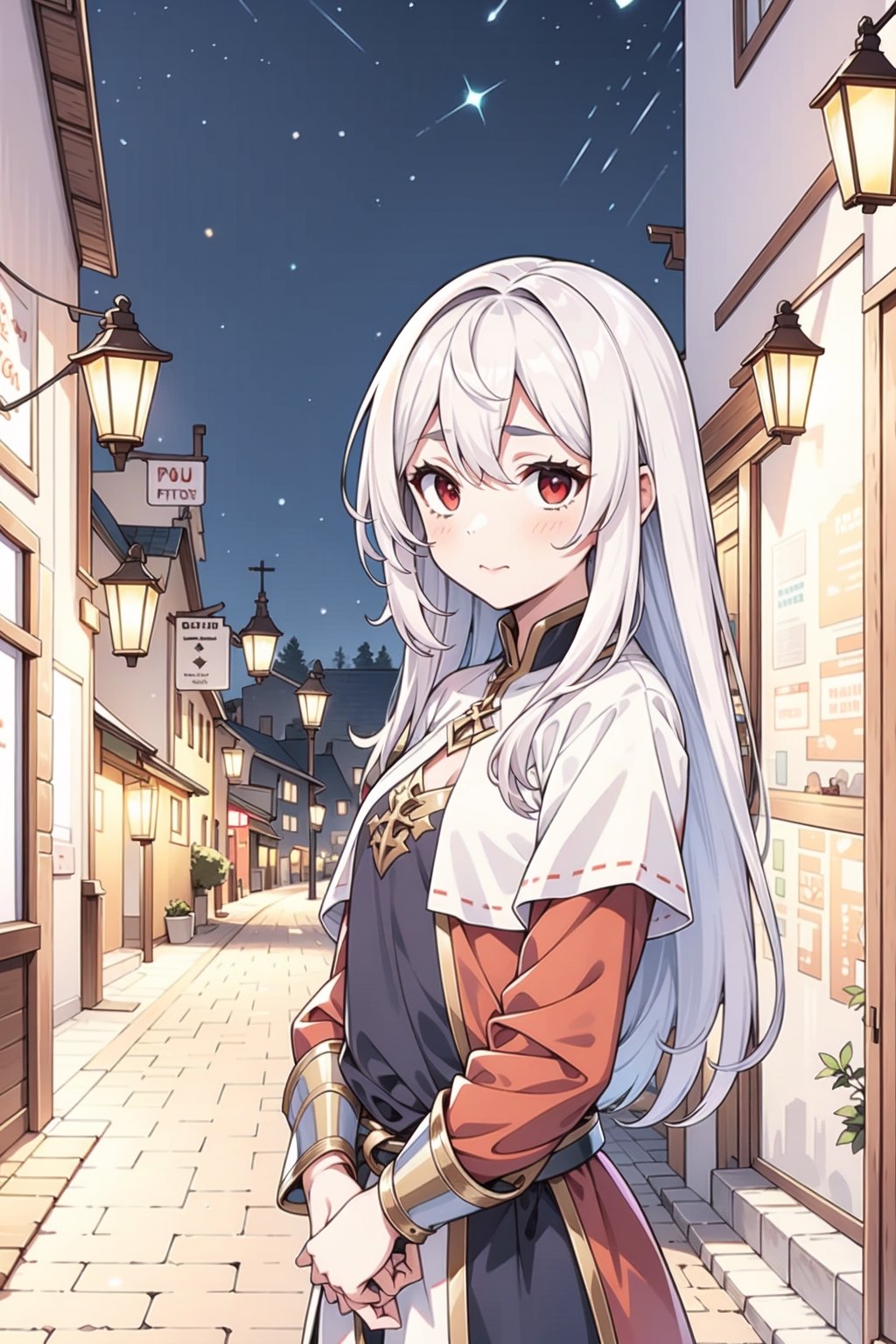 1girl, solo, white hair, long hair, red eyes, flat chest, medieval clothing, night, town street