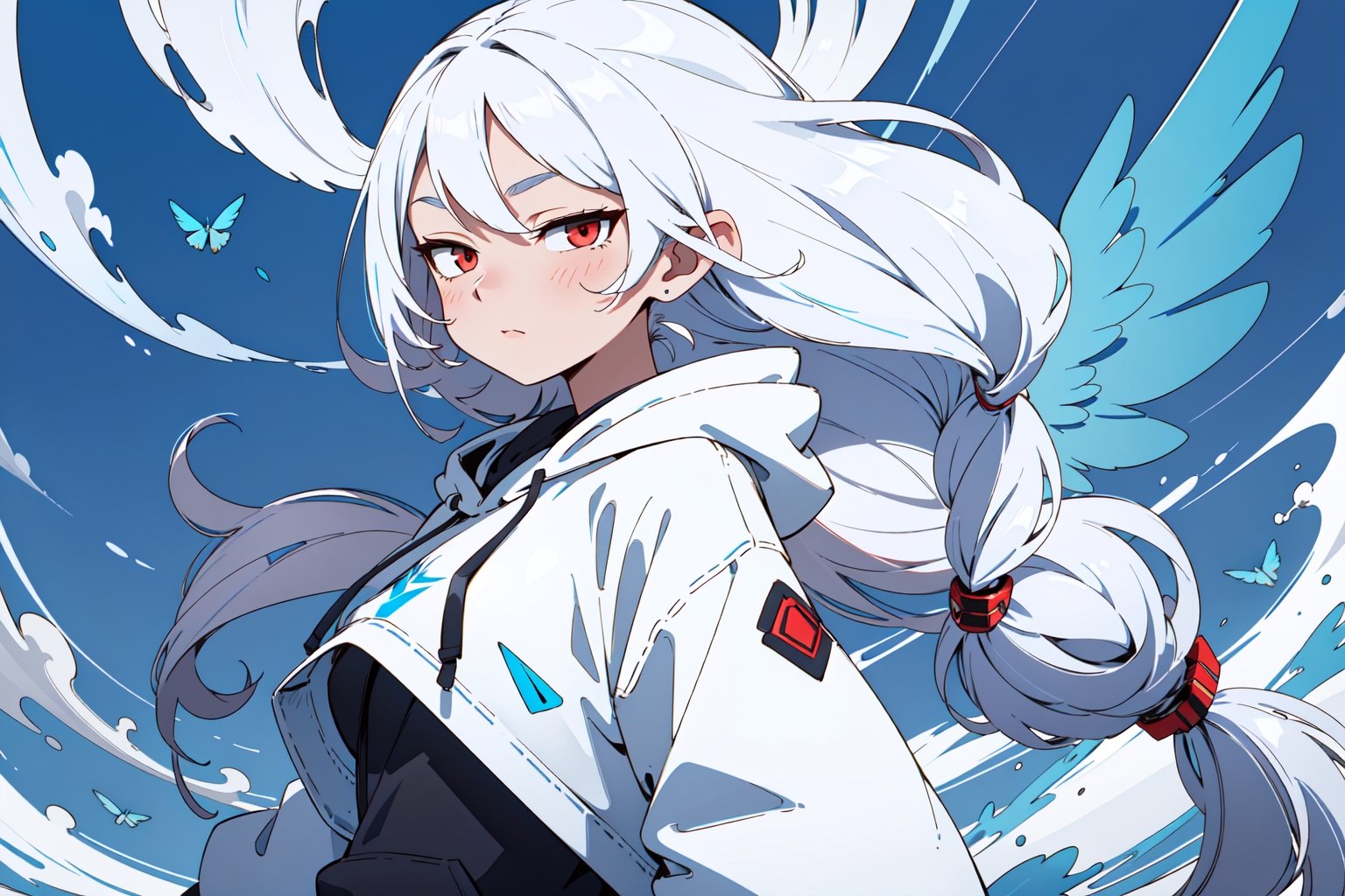 1girl, solo, (white long hair:1.5), red eyes, jitome, sharp focus, cinematic lightingedgGaruda_hoodie, a white and blue bird_woman with wings wearing an (oversize hoodie) ,wearing edgGaruda_hoodie