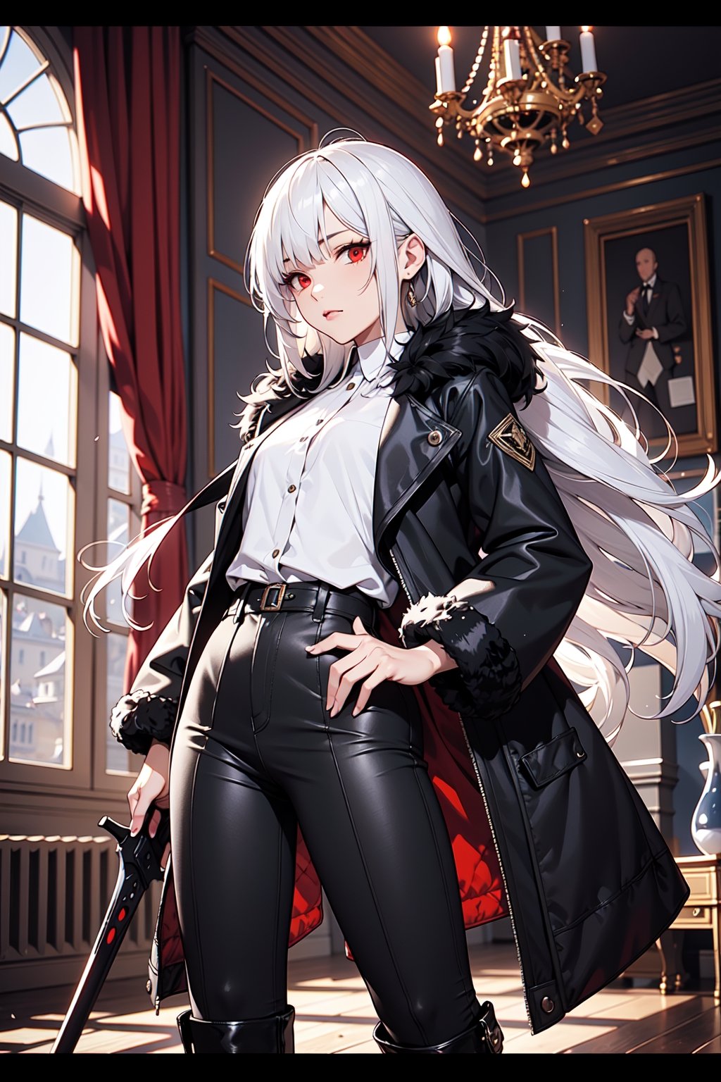 1girl, sole female, long hair, white hair, jitome, red eyes, flat chest, fur black coat, white shirt, boots, vest, long black pants, weapons, indoors, castle room