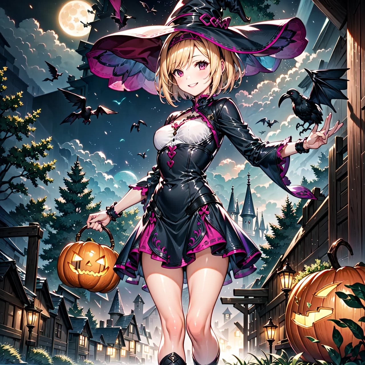 1girl, solo, blonde, short hair, sidelocks, Pink hairband, medium breasts, light smile, black dress, Witch hat, pumpkins, night, haunted forest, ravens, full Moon, Candy bag, legwears, short dress.