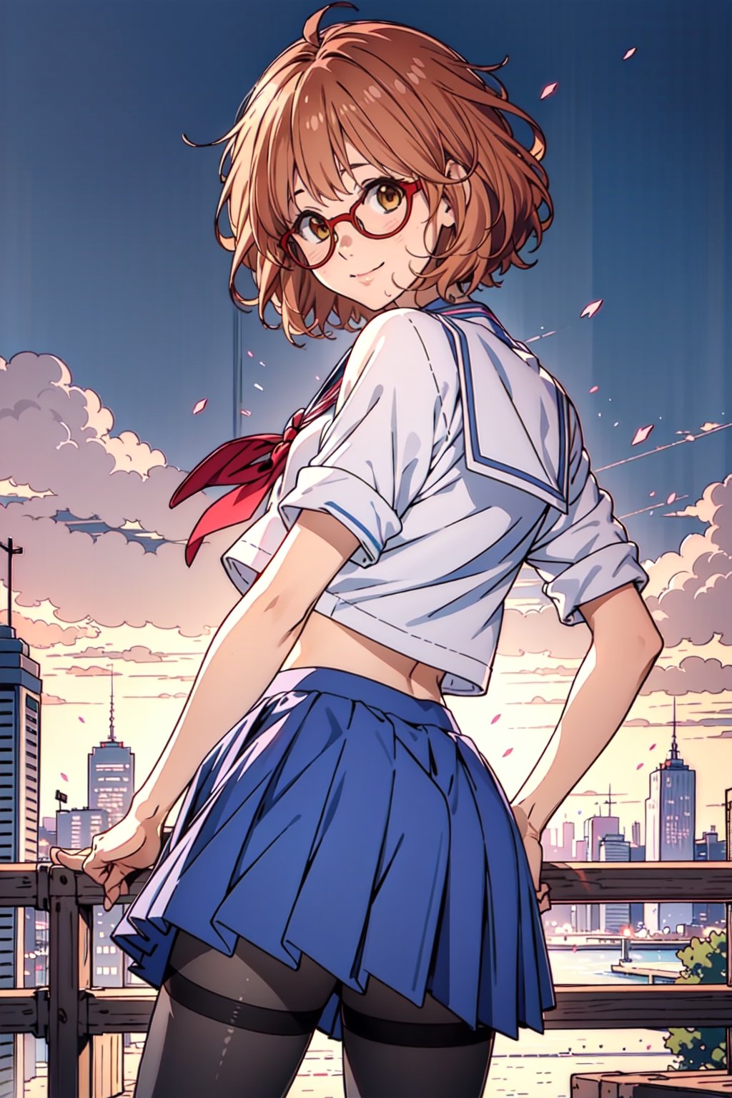 1 girl, short hair, orange hair, red glasses, Kuriyama Mirai, pantyhose, ass, serafuku,  panties under pantyhose, smile, city background