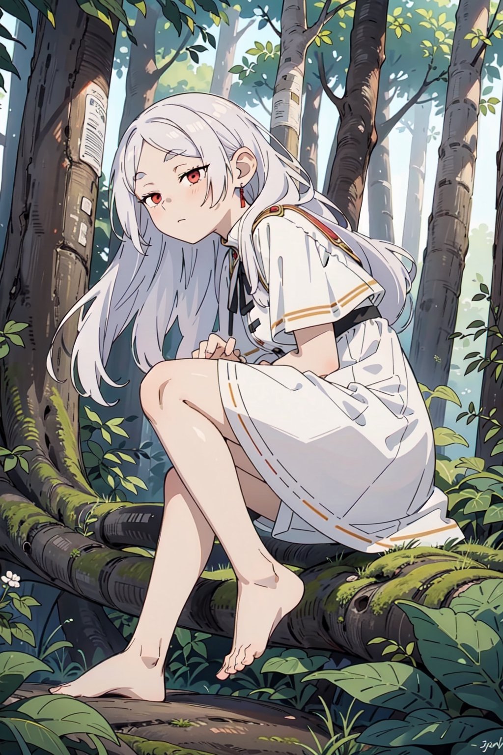 1girl, solo, long hair, white hair, red eyes, Frieren dress, white dress, bare foots, forest background,Frieren