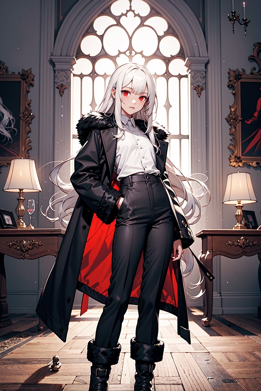 1girl, sole female, long hair, white hair, jitome, red eyes, flat chest, fur black coat, white shirt, boots, vest, long black pants, weapons, indoors, castle room