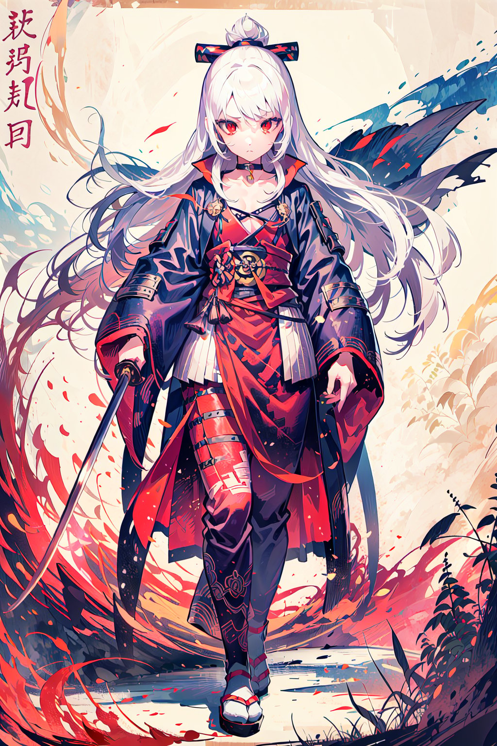 1girl, solo, (white hair:1.2), long hair, red eyes, jitome, choker, flat chest, small girl, samurai clothes, japan forest background, holding katana