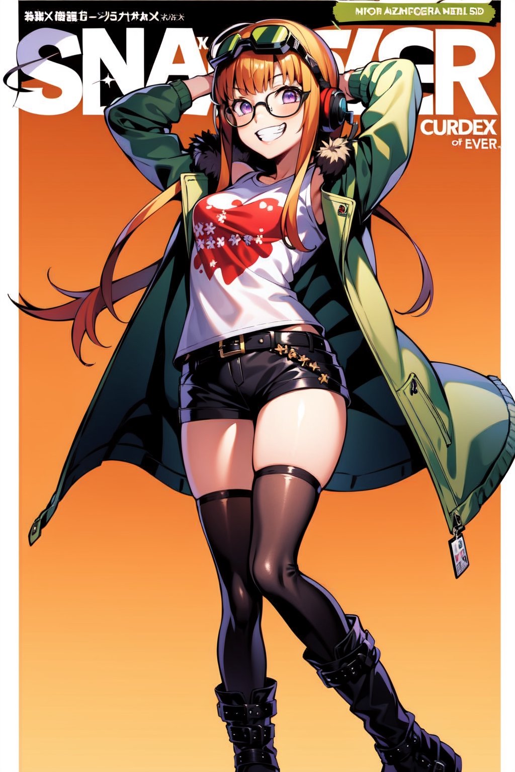 1girl, solo, long hair, looking at viewer, smile, t-shirt, thighhighs, purple eyes, jacket, white shirt, boots, glasses, shorts, belt, black thighhighs, orange hair, grin, arms up, fur trim, short shorts, headphones, black shorts, goggles, green jacket, fur-trimmed jacket, behind-the-head headphones, magazine cover