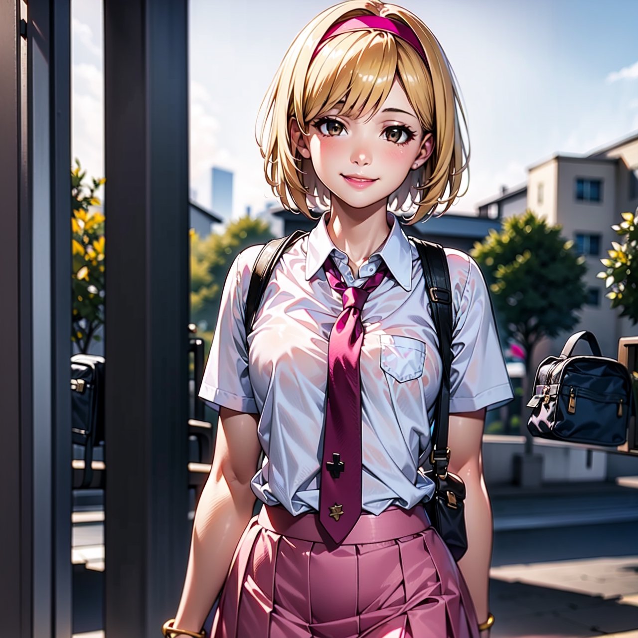 1girl, Blonde, short hair, pink hairband, small breasts, brown eyes, standing, school uniform, white shit, pink skirt, necktie, hair accesories, schoolbag, smile, ((masterpiece, best quality)), raw photo, 4k hdr, (photorealistic:1.4),EnvyBeautyMix23,perfecteyes