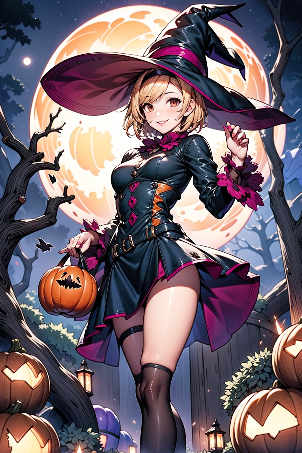 1girl, solo, blonde, short hair, sidelocks, Pink hairband, medium breasts, light smile, black dress, Witch hat, pumpkins, night, haunted forest, ravens, full Moon, Candy bag, legwears, short dress, (Orange:1.2) White and black clothing