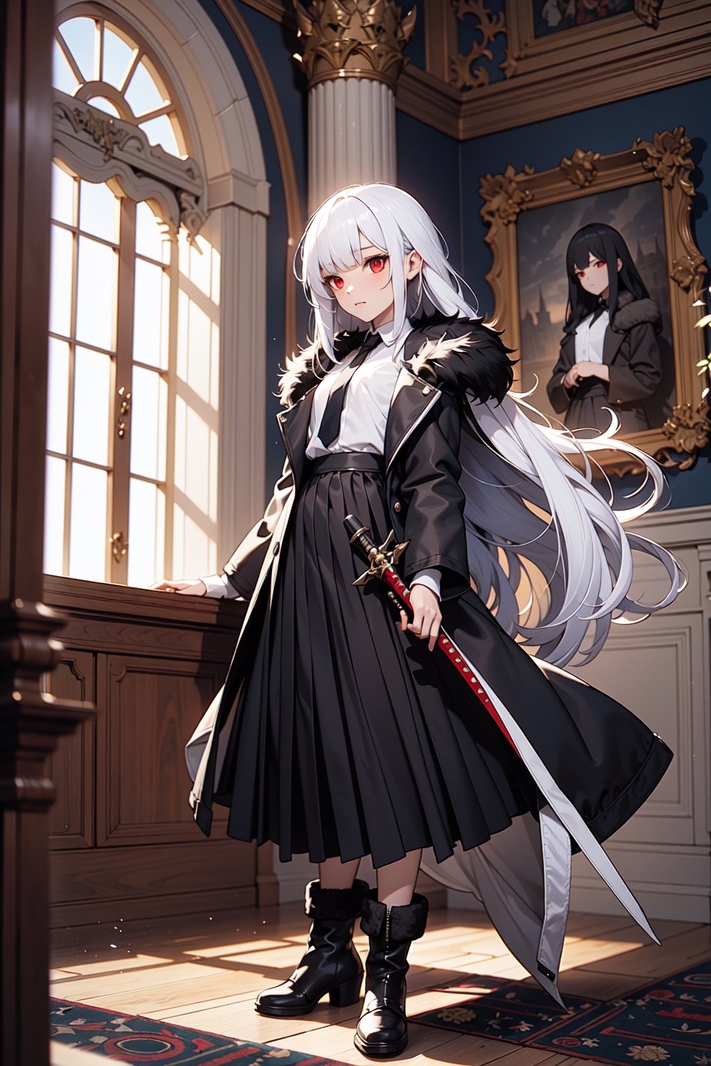 1girl, sole female, long hair, white hair, jitome, red eyes, flat chest, fur black coat, white shirt, boots, vest, long black skirt, weapons, indoors, castle room