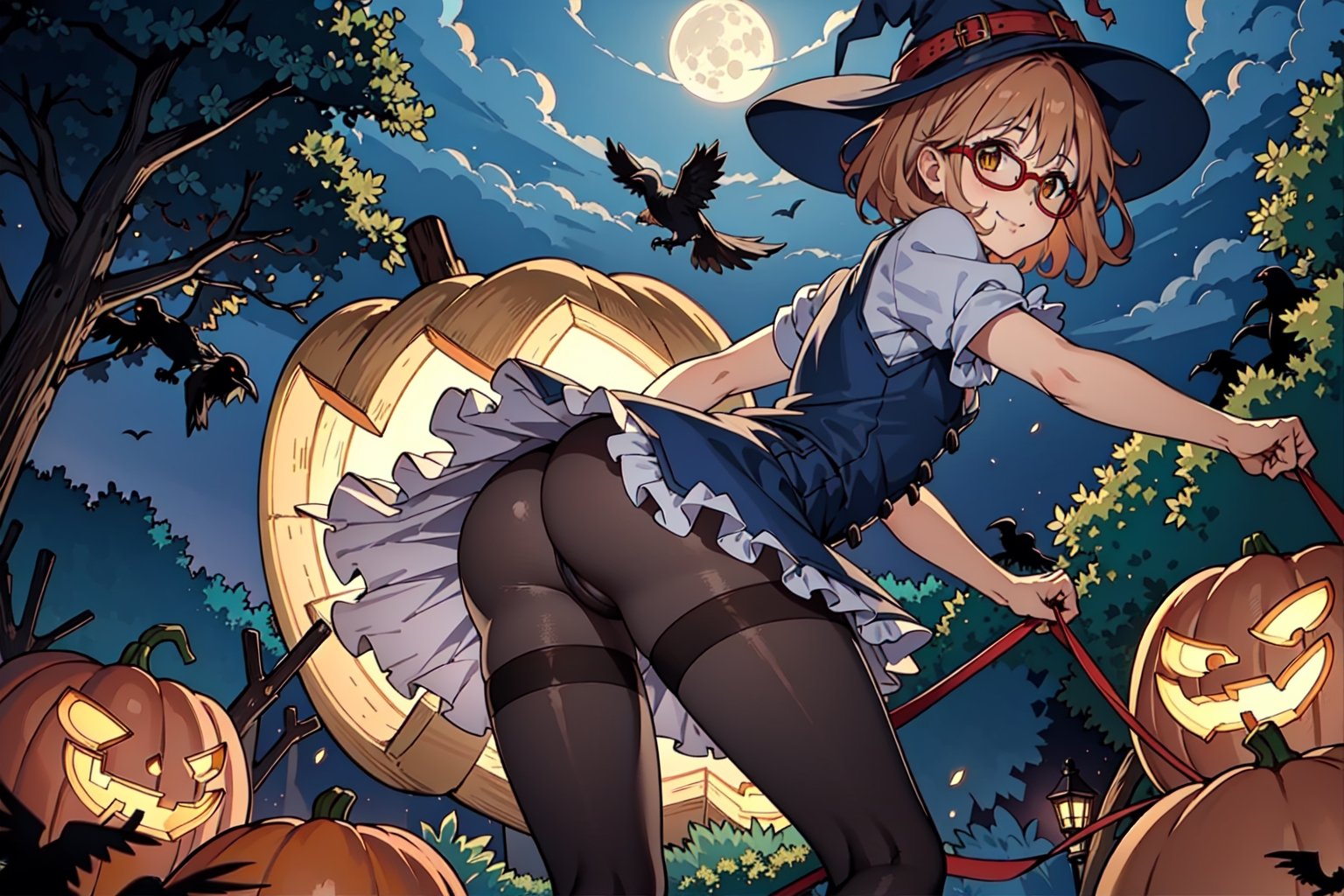 1girl, solo, Kuriyama Mirai, short hair, sidelocks, glasses small breasts, light smile, Witch hat, pumpkins, night, haunted forest, ravens, full Moon, Candy bag, pantyhose, short dress, (black dress:1.2), pantyshot, thighs, ass, skirt lift