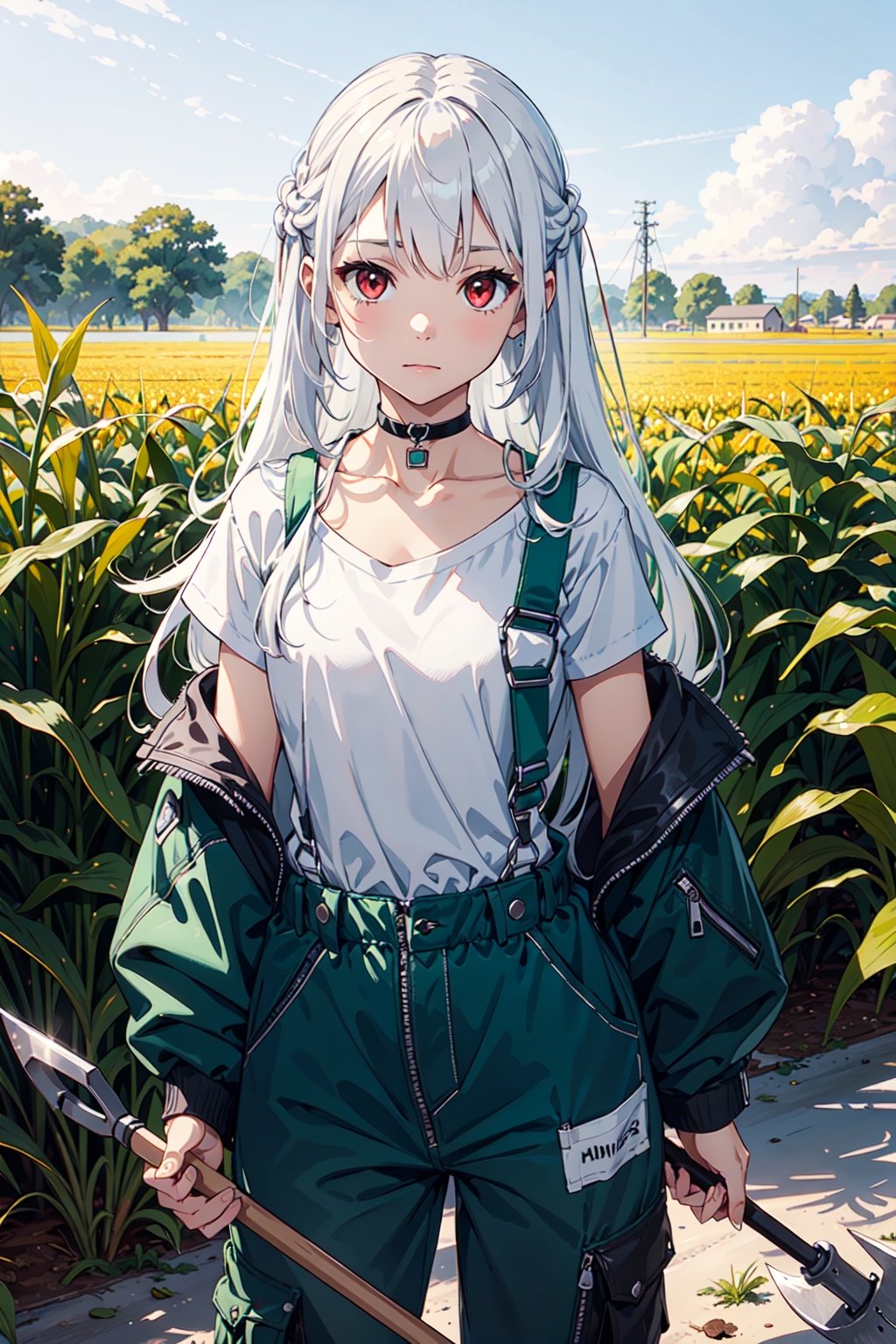 1girl, solo, White hair, long hair, red eyes, flat chest, 
green overall, white shirt, choker, better hands, holding a shovel in front on a corn field