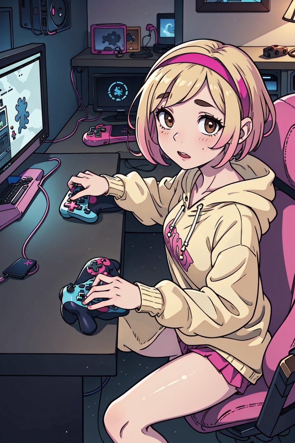 1girl, solo, blonde, short hair, pink hairband, small breasts, brown eyes, gamer girl, hoody, bottomless, bare legs, console, controller, computer, videogames, dark room, bedrrom,gameroomconcept