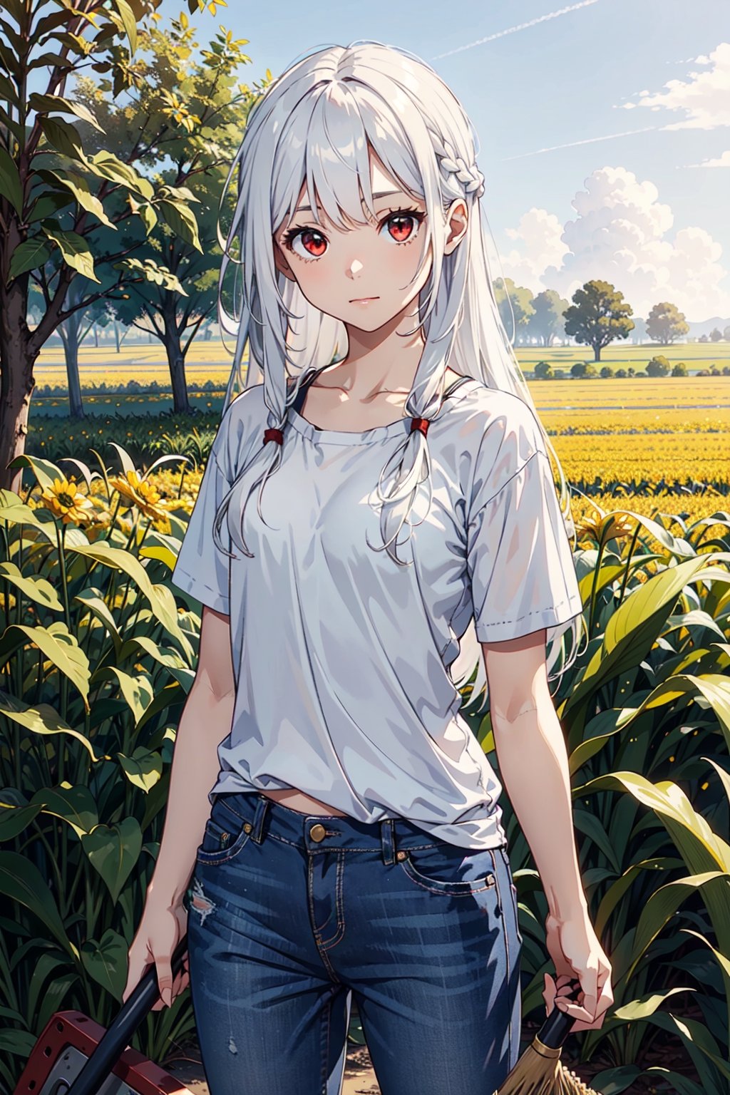 1girl, solo, White hair, long hair, red eyes, flat chest, farmer clothed, better hands, holding a rake in front on a corn field