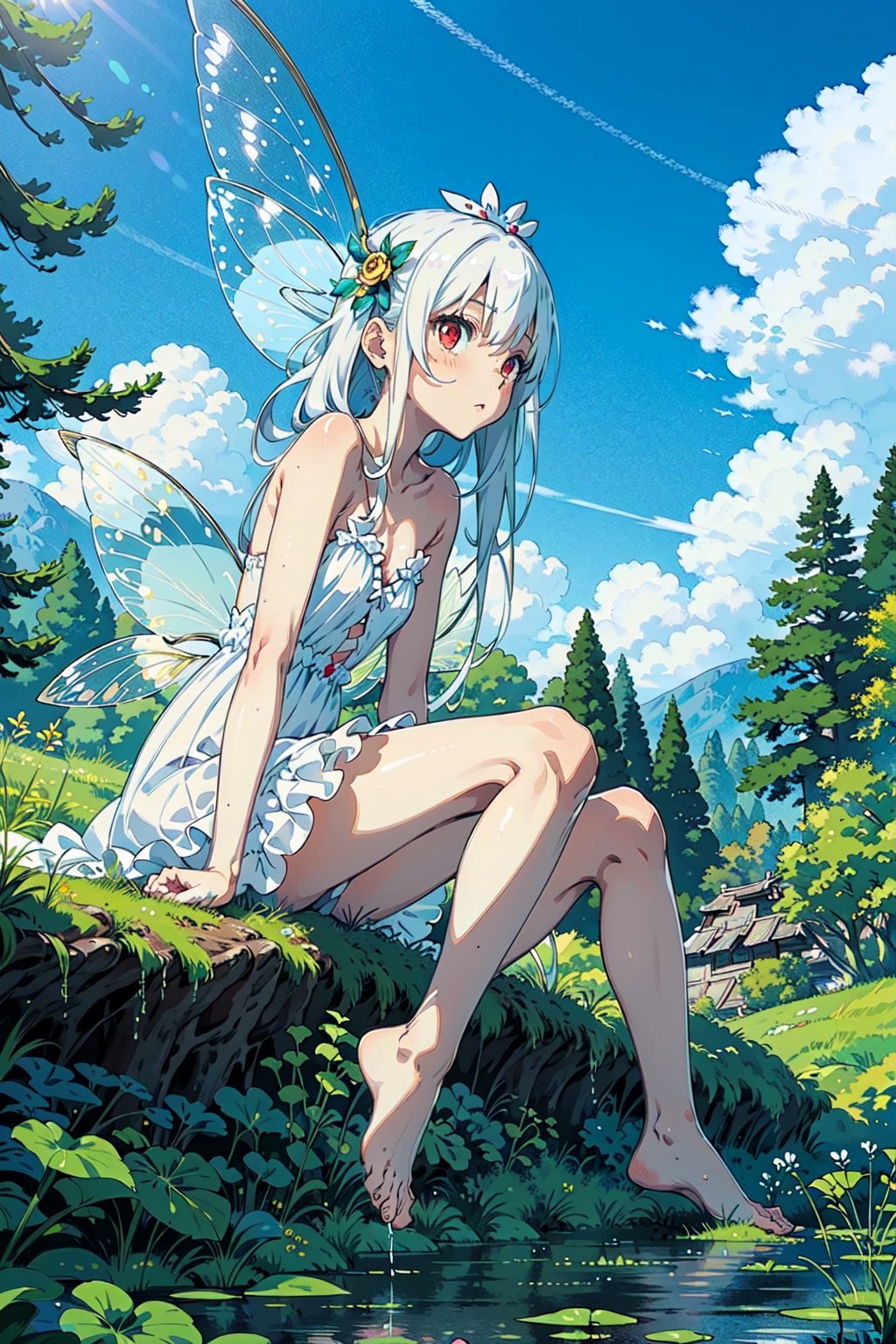 1girl, sole female, long hair, white hair, jitome, red eyes, flat chest, fairy clothes, fairy wings, white translucid dress, forest baclground, lake, blue sky, bare foots