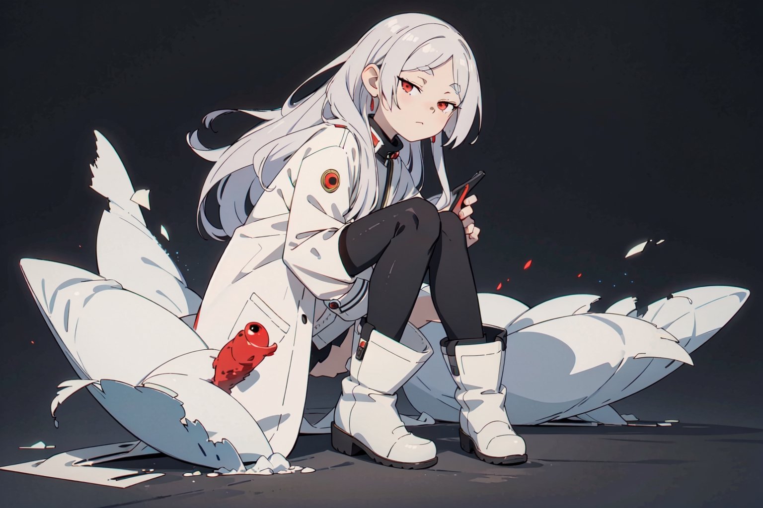 1girl, solo, long hair, white hair, red eyes, Frieren clothes, white coat, black legwears, boots, natural background