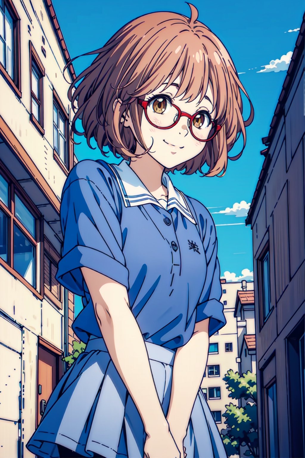1 girl, short hair, orange hair, red glasses, Kuriyama Mirai, pantyhose, blue short shirt, blue shirt, smile, city background