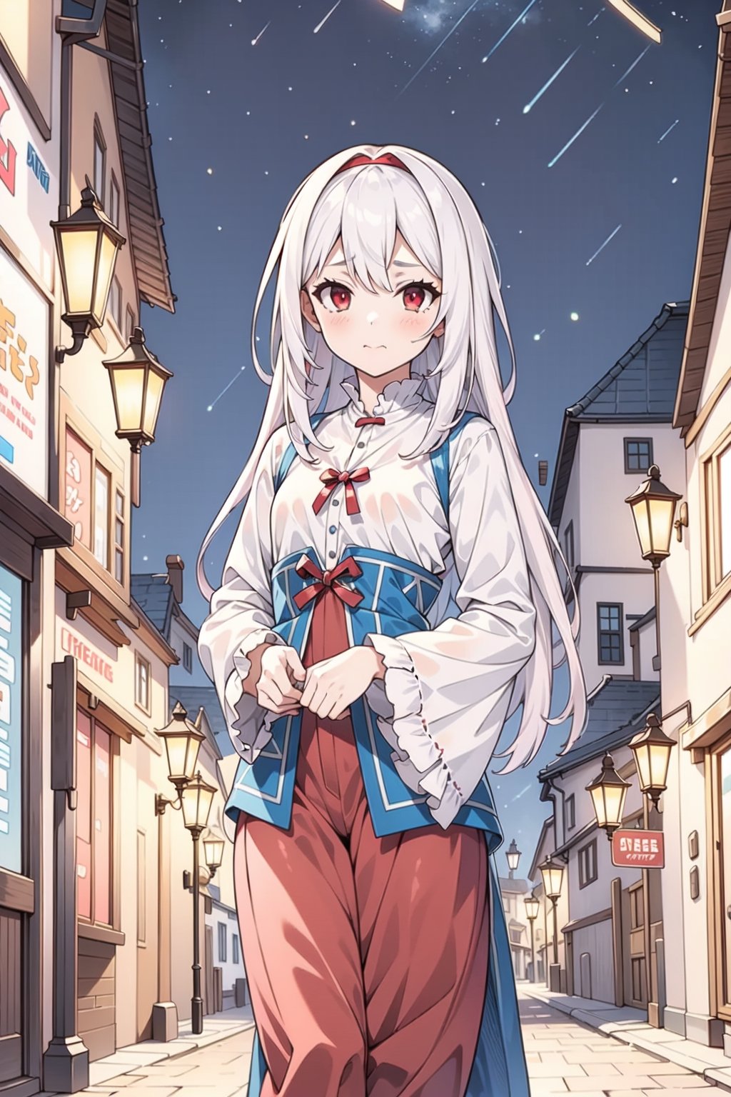 1girl, solo, white hair, long hair, red eyes, flat chest, medieval clothing, night, town street