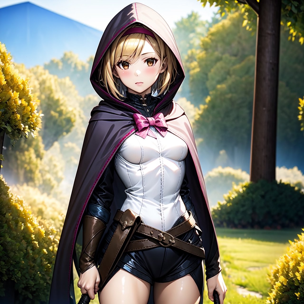 1girl, Blonde, short hair, pink hairband, small breasts, brown eyes, hood up, cape, medium breasts, hooded cloak, belt, pouch, weapon, bow, forest road, ((masterpiece, best quality)), raw photo, 4k hdr, (photorealistic:1.4)
