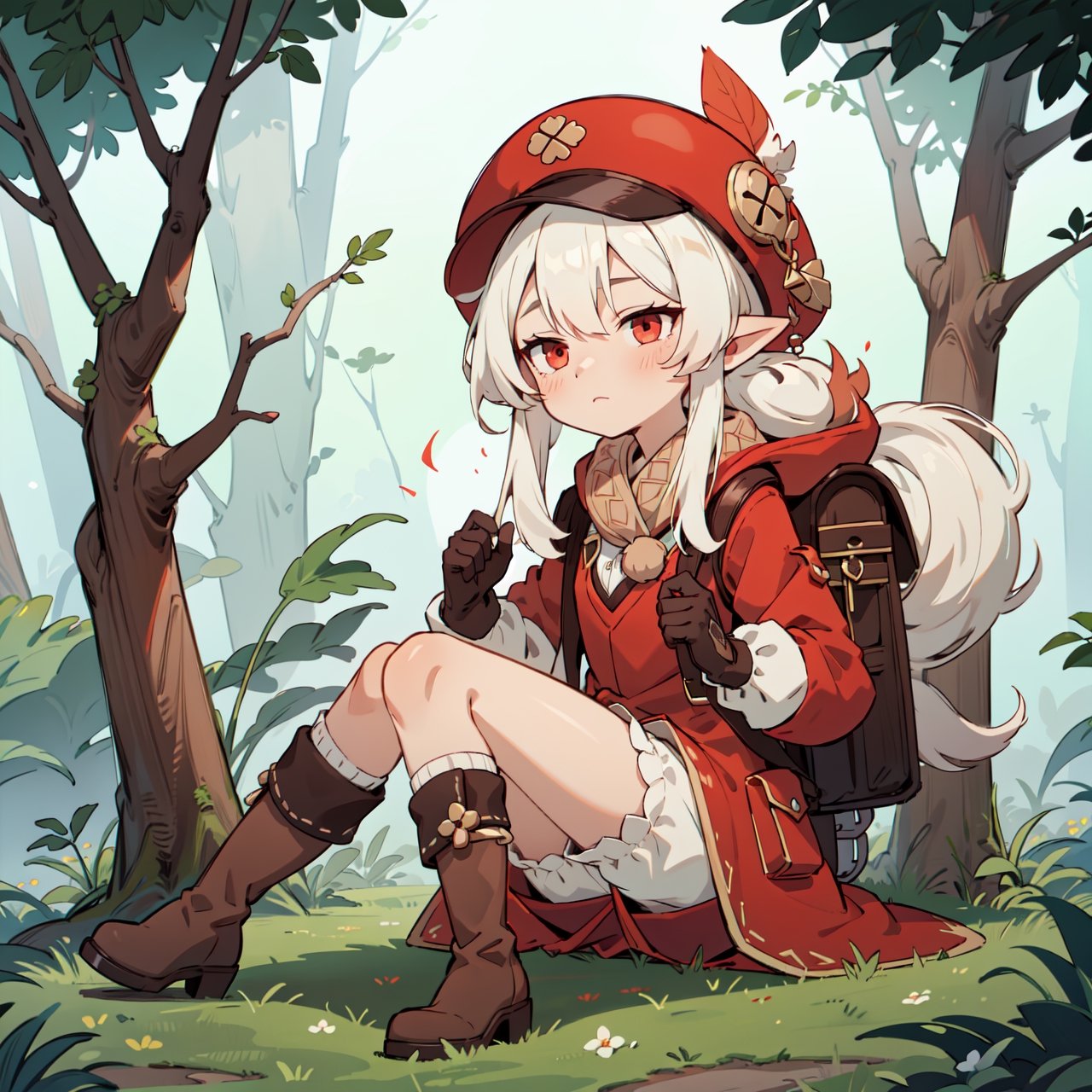 1girl, ( verylong hair:1.2), red eyes, white hair, jitome, loose hair, flat_chest, klee clothing, red hair, red dress, boots, bloomers, brown gloves, knee boots, cabbie hat, red coat, scarf, backpack, fantasy forest background