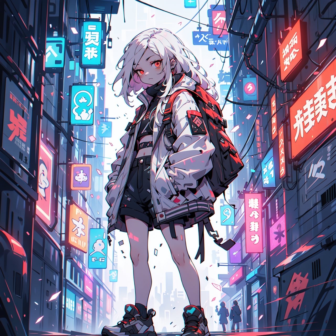 1girl, white hair, (long hair:1.2), red eyes, jitome, flat chest, small girl, skinny, cyberpunk style, white jacket, balch shorts, sneakers, tecnologic backpack, cyberpunk city background