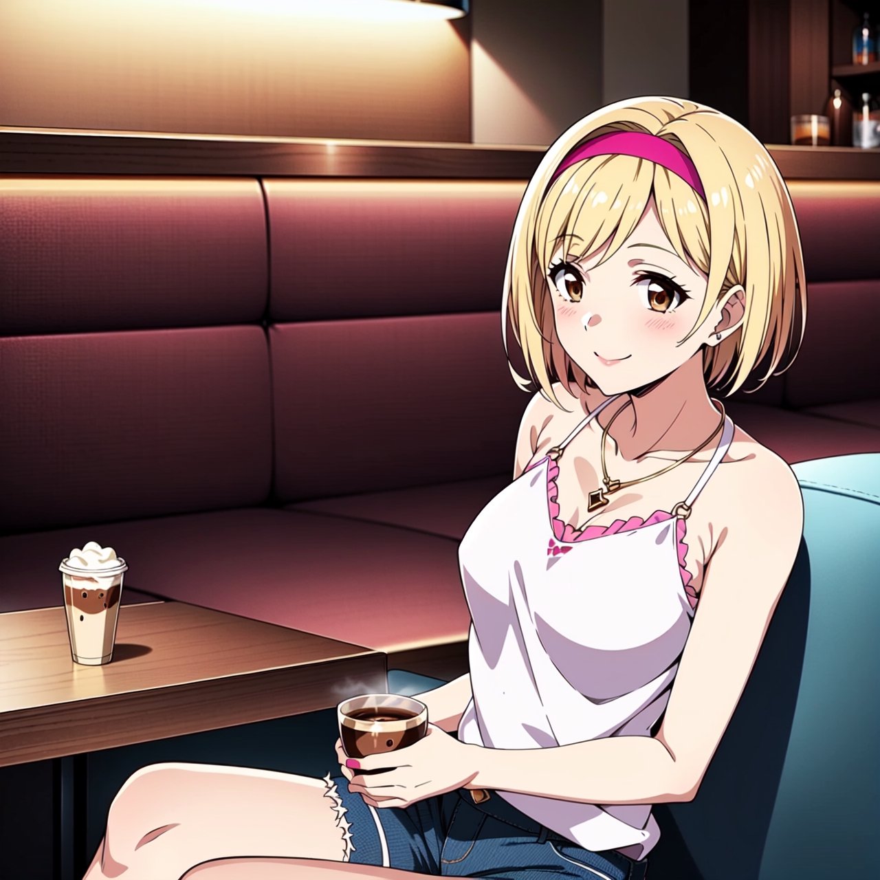 1girl, solo, (blonde:1.2), short hair, sidelocks, pink hairband, medium breasts, light smile, brown eyes, hands_on_cheeks, cafe, cofee bar, white shirt, black jeans shorts, necklace, brazalet, bare shoulders, sitting