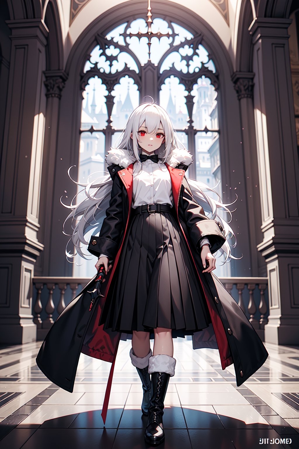 1girl, sole female, long hair, white hair, jitome, red eyes, flat chest, fur black coat, white shirt, boots, vest, long black skirt, weapons, indoors, castle room