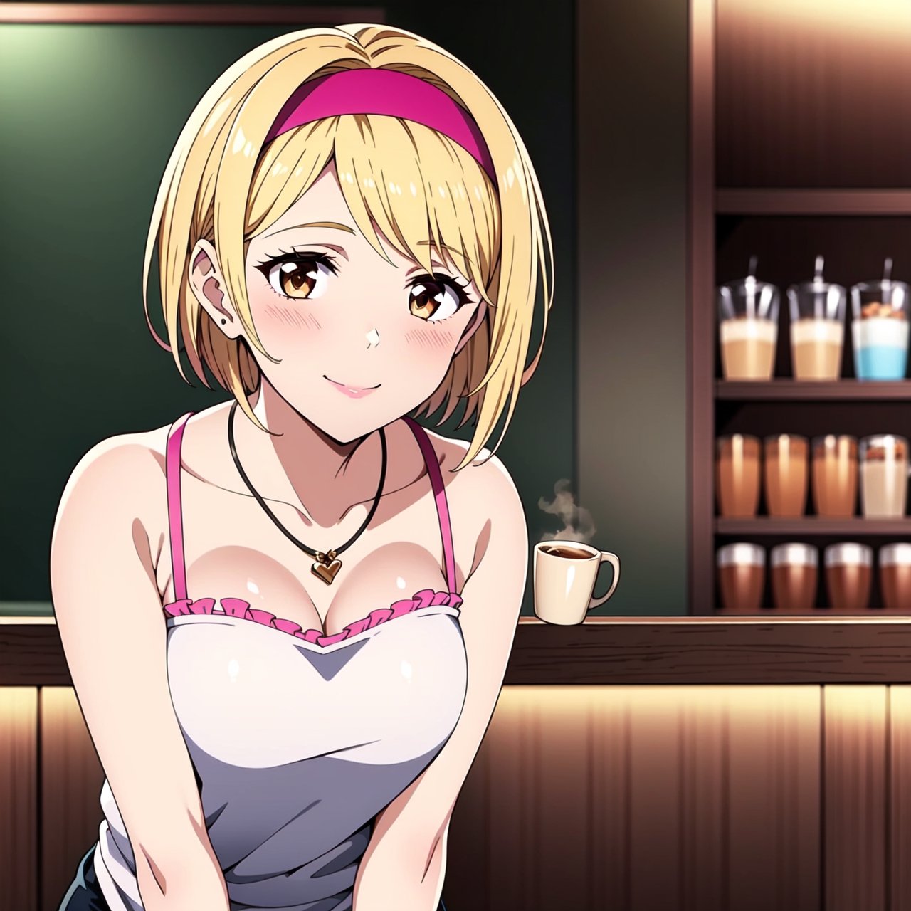 1girl, solo, (blonde:1.2), short hair, sidelocks, pink hairband, medium breasts, light smile, brown eyes, hands_on_cheeks, cafe, cofee bar, white shirt, black jeans, necklace, brazalet, bare shoulders