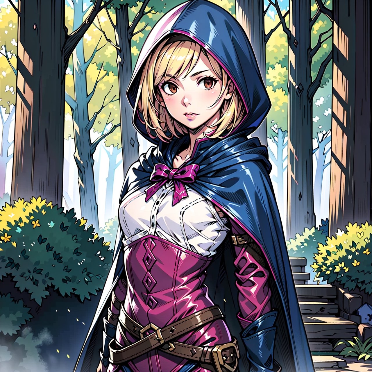 1girl, Blonde, short hair, pink hairband, small breasts, brown eyes, hood up, cape, medium breasts, hooded cloak, belt, pouch, weapon, bow, forest road, ((masterpiece, best quality)), raw photo, 4k hdr, (photorealistic:1.4)