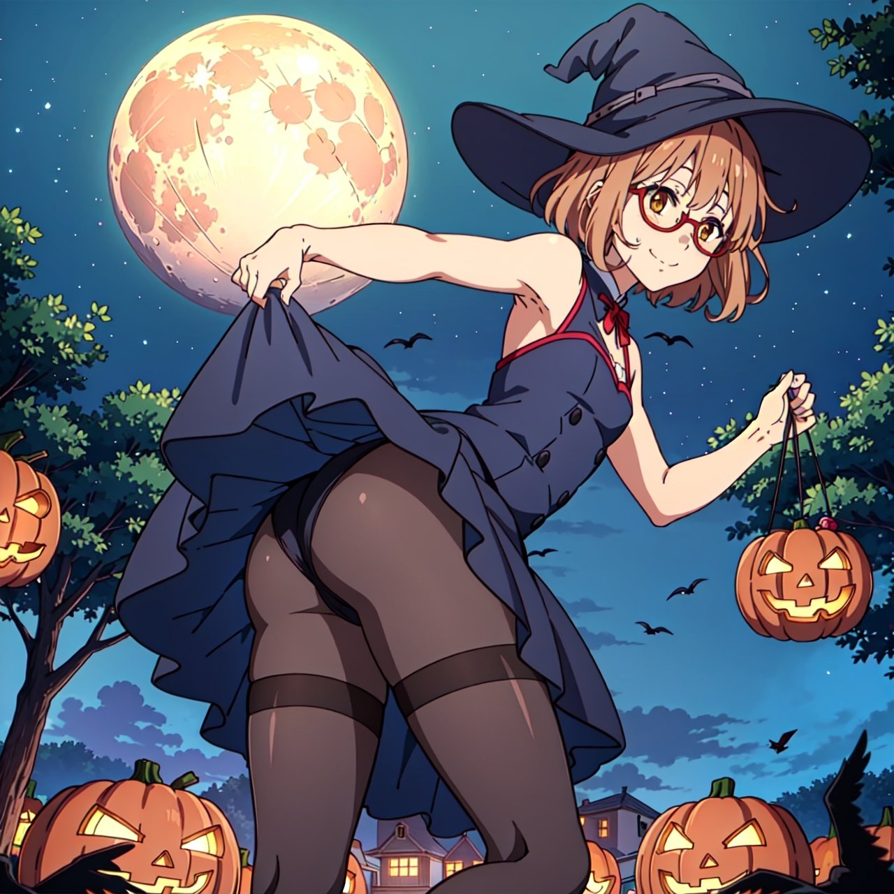 1girl, solo, Kuriyama Mirai, short hair, sidelocks, glasses small breasts, light smile, Witch hat, pumpkins, night, haunted forest, ravens, full Moon, Candy bag, pantyhose, short dress, (black dress:1.2), pantyshot, thighs, ass, skirt lift