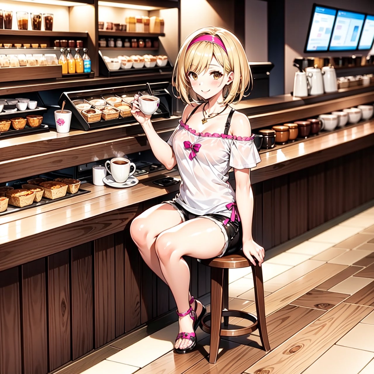 1girl, solo, (blonde:1.2), short hair, sidelocks, pink hairband, medium breasts, light smile, brown eyes, cafe, cofee bar, white shirt, black shorts, necklace, brazalet, bare shoulders, sitting, full body