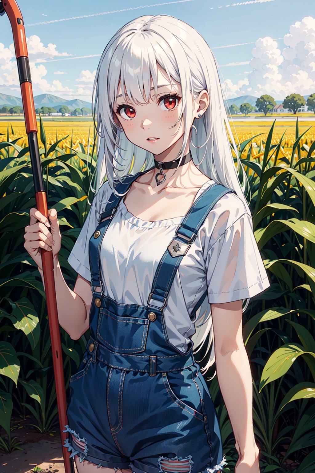 1girl, solo, White hair, long hair, red eyes, flat chest, 
green overall, white shirt, choker, better hands, holding a shovel in front on a corn field