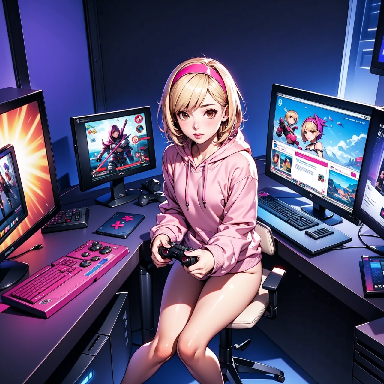 1girl, solo, blonde, short hair, pink hairband, small breasts, brown eyes, gamer girl, hoody, bottomless, bare legs, console, controller, computer, videogames, dark room, bedrrom,gameroomconcept