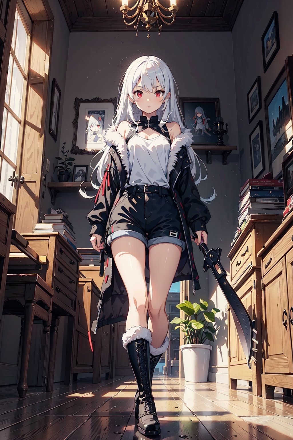 1girl, sole female, long hair, white hair, jitome, red eyes, flat chest, fur black coat, white shirt, boots, blue vest, black shorts, weapons, indoors, castle room