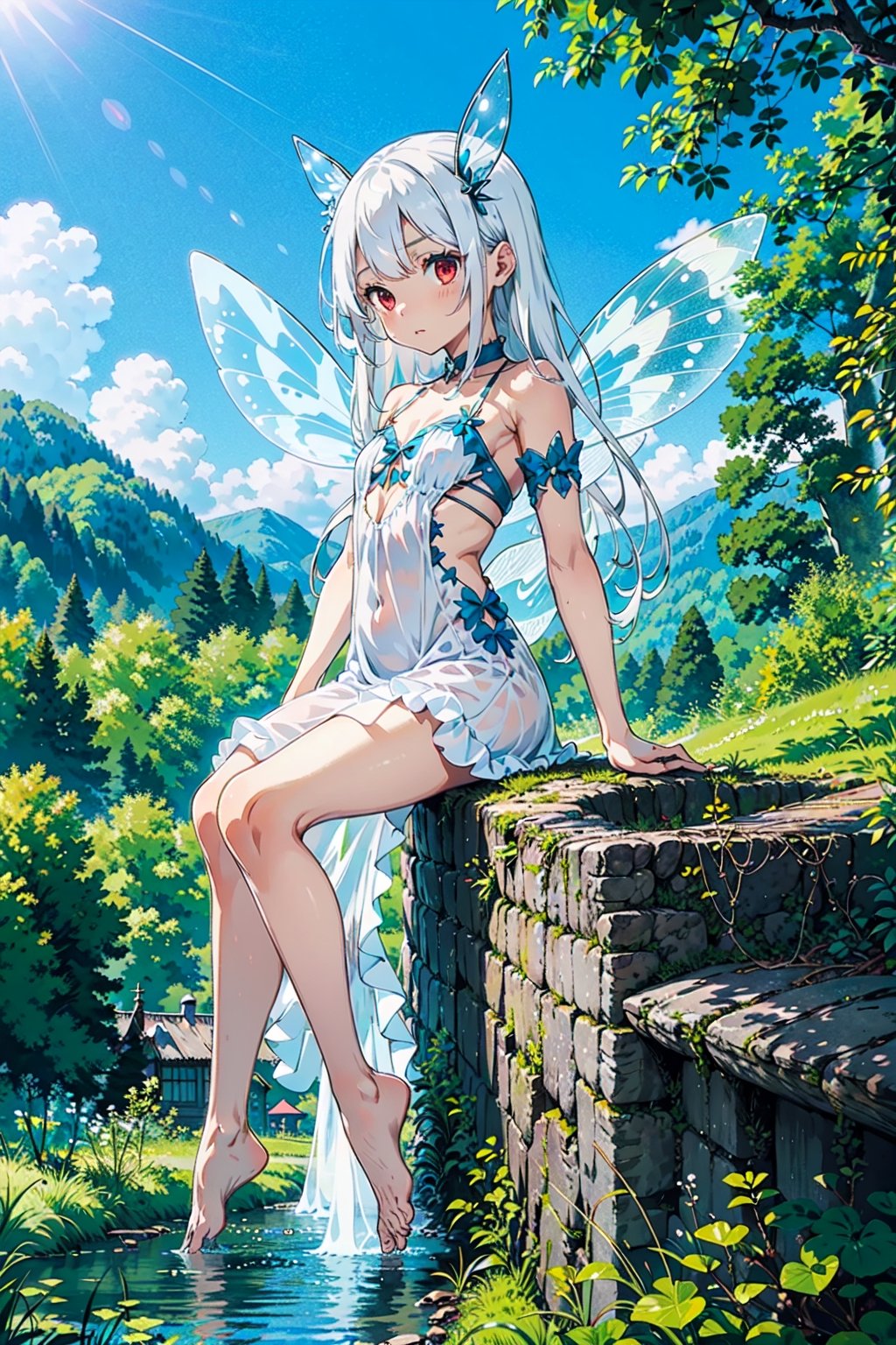 1girl, sole female, long hair, white hair, jitome, red eyes, flat chest, fairy clothes, fairy wings, white transparent dress, forest baclground, lake, blue sky, bare foots