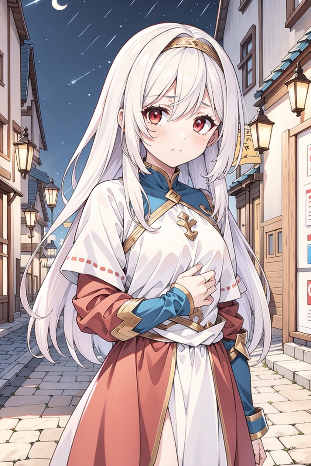 1girl, solo, white hair, long hair, red eyes, flat chest, medieval clothing, night, town street