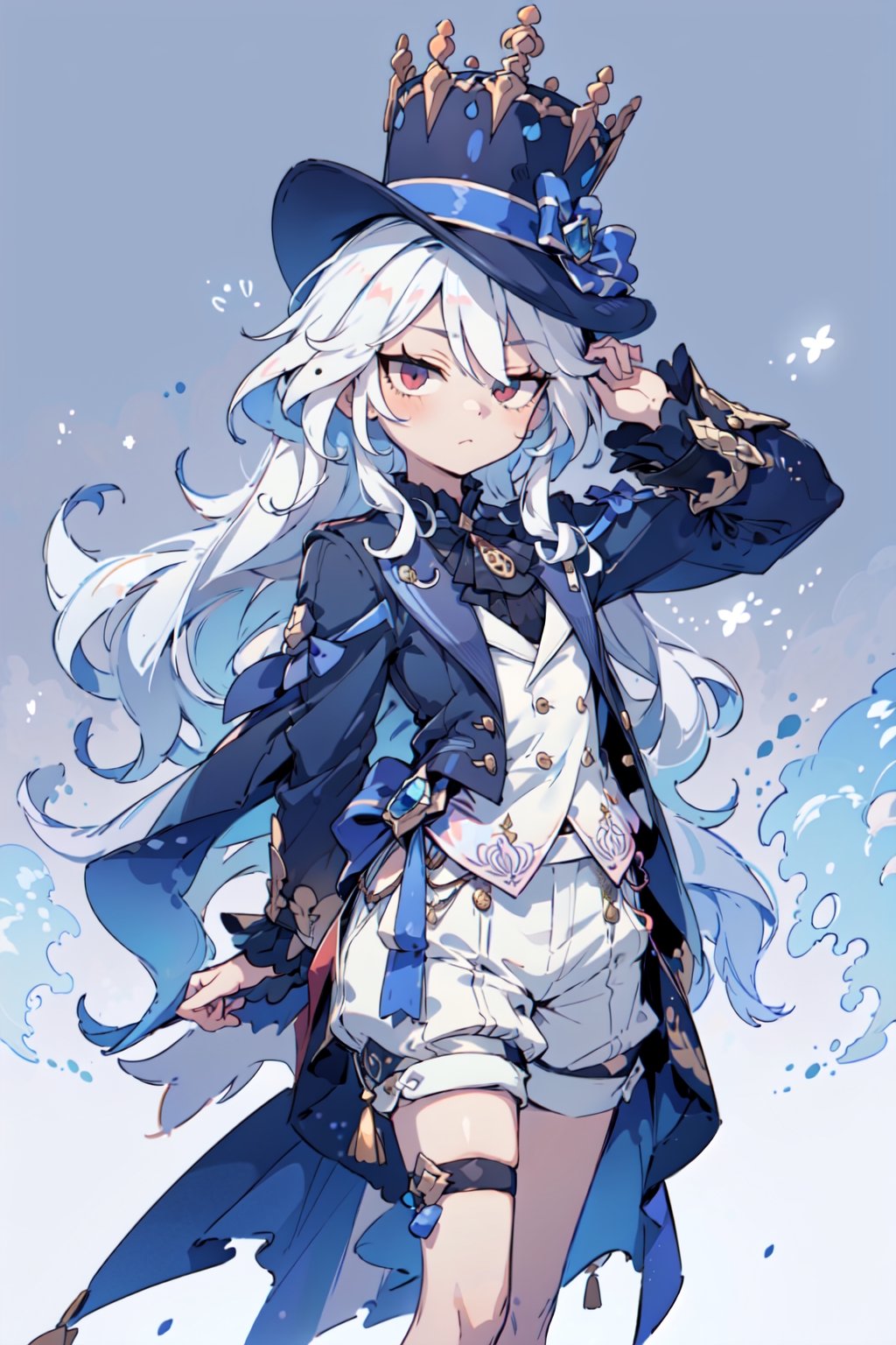 1girl, ( verylong hair:1.2), teenager, red eyes, white hair, jitome, loose hair, nahidadef, flat_chest , (luxury mannor hall background:1.3) furina clothes, shorts, blue vest, cape,  garter leg, blue hat, EpicArt