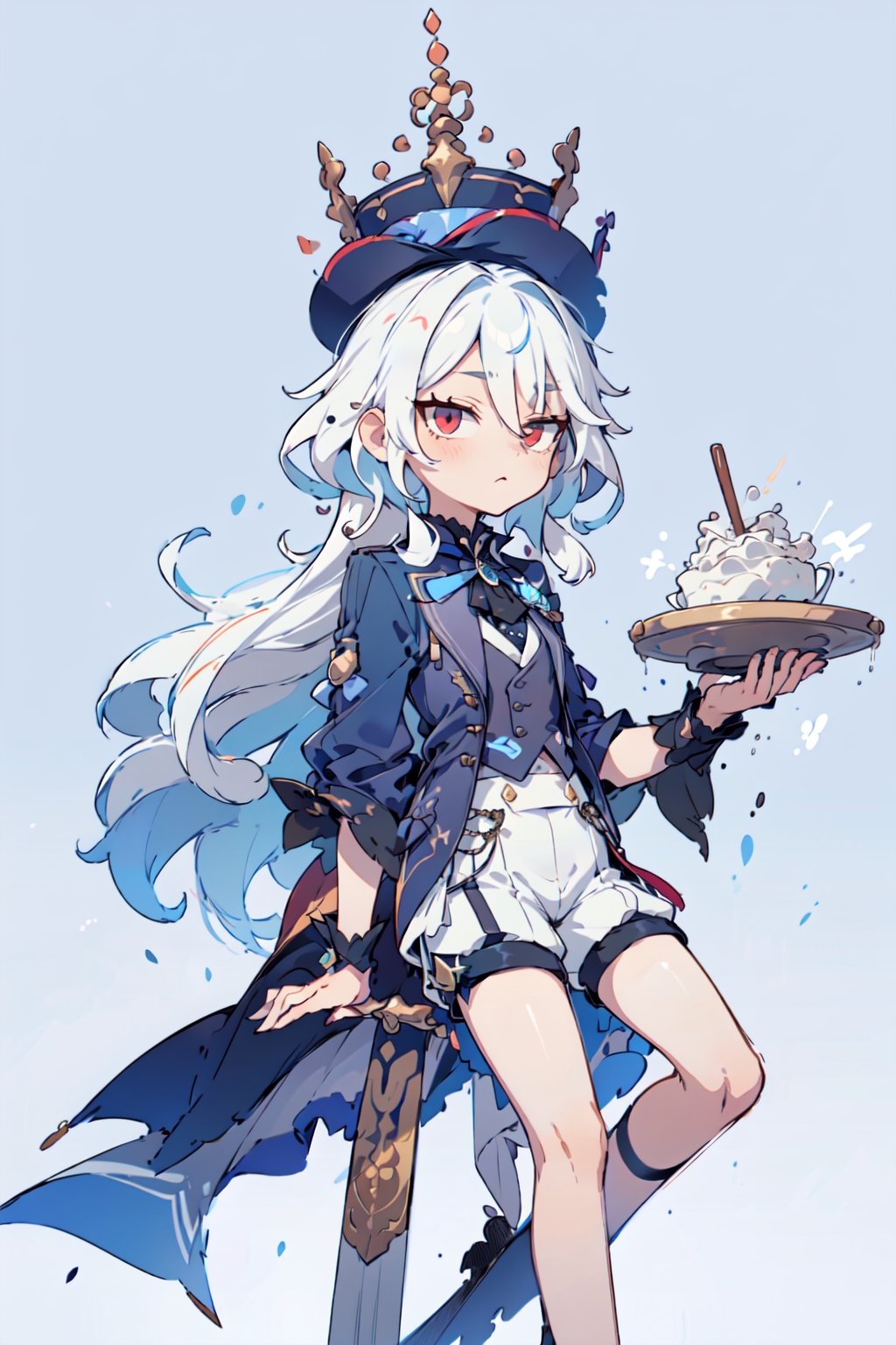 1girl, ( verylong hair:1.2), teenager, red eyes, white hair, jitome, loose hair, nahidadef, flat_chest , (luxury salon background:1.2) furina clothes, shorts, blue vest, cape,  garter legs, blue hat,EpicArt